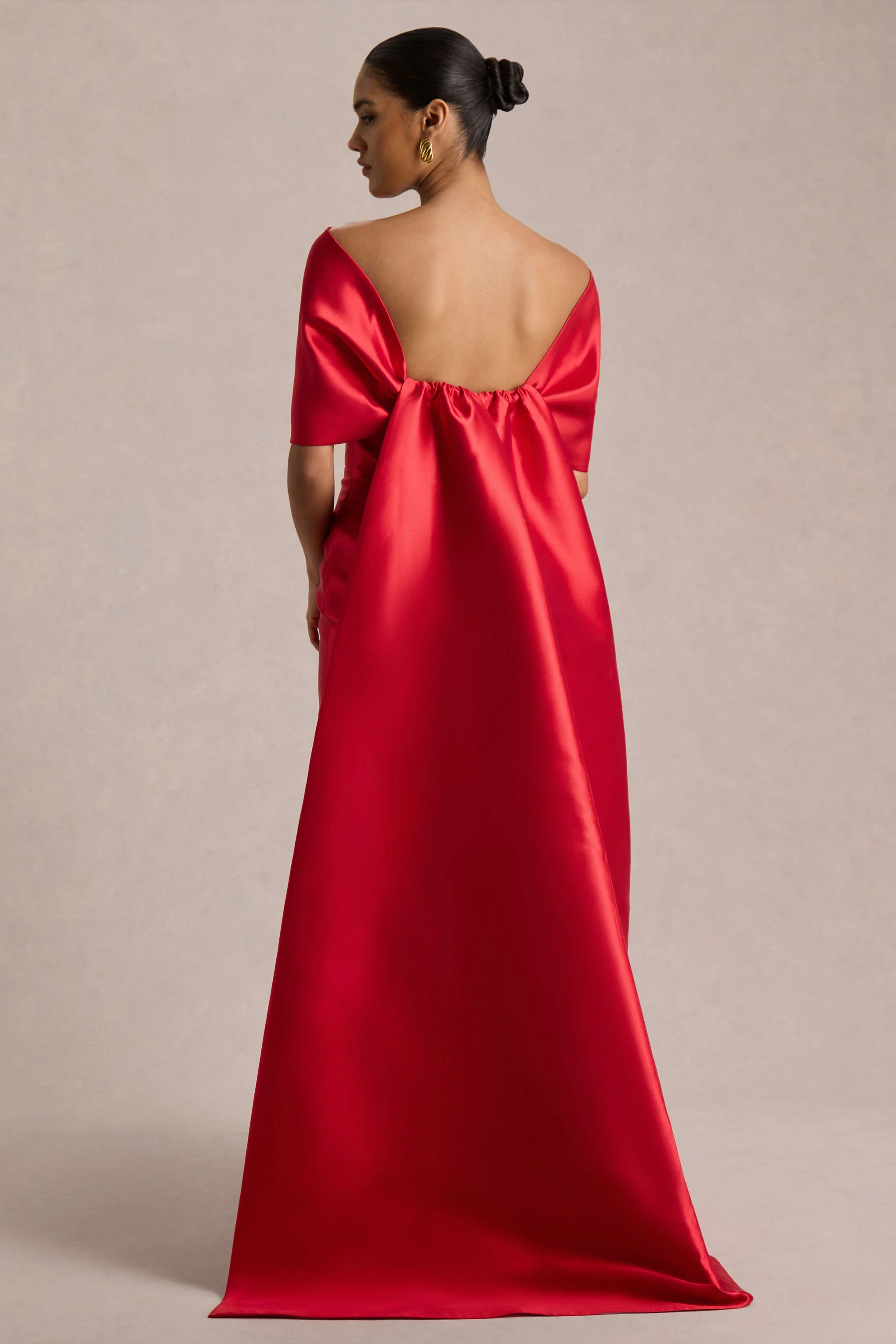 Wanting More | Red Satin Cape Maxi Dress With Oversized Bow - Image 4