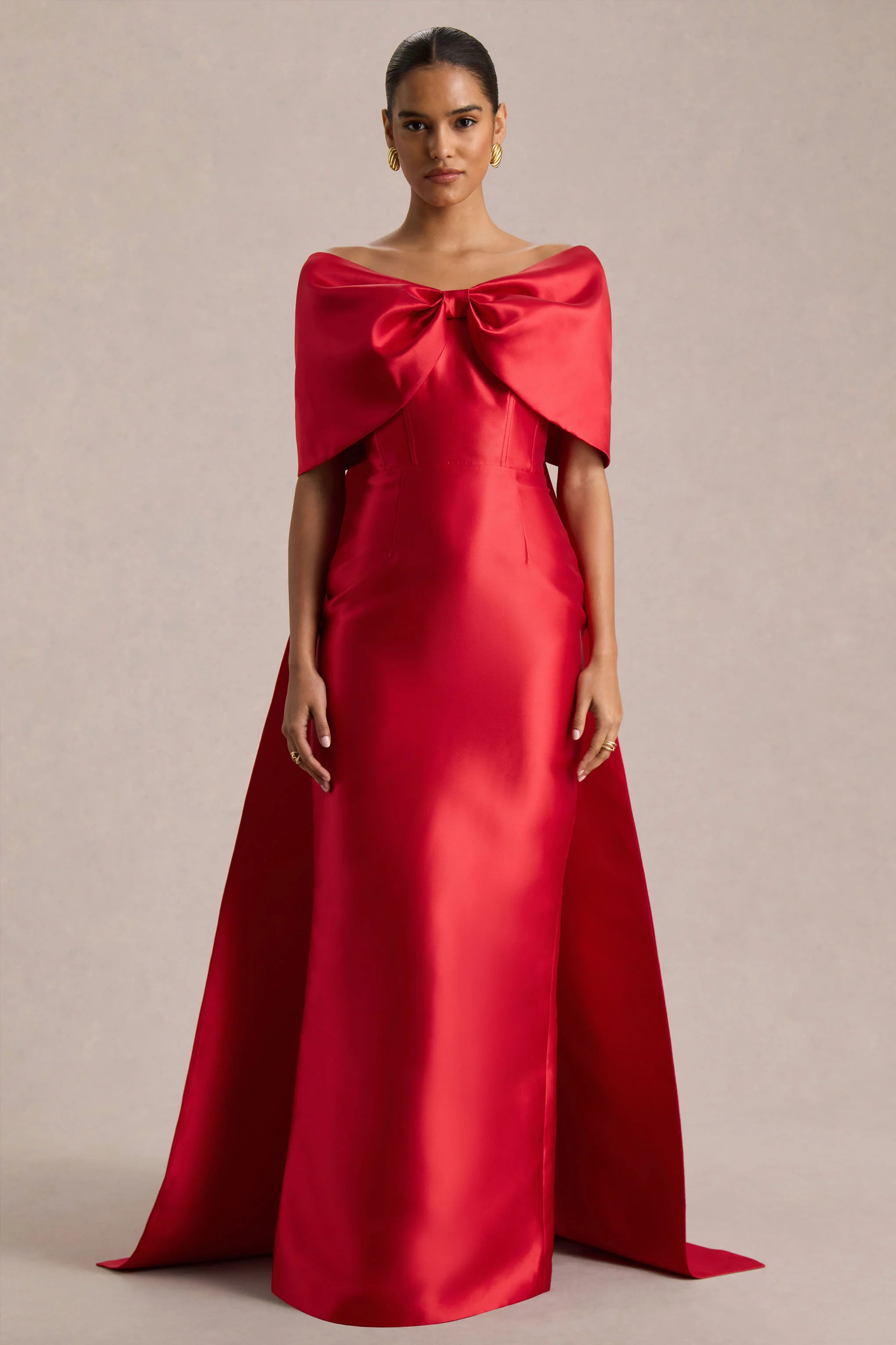 Wanting More | Red Satin Cape Maxi Dress With Oversized Bow - Image 9