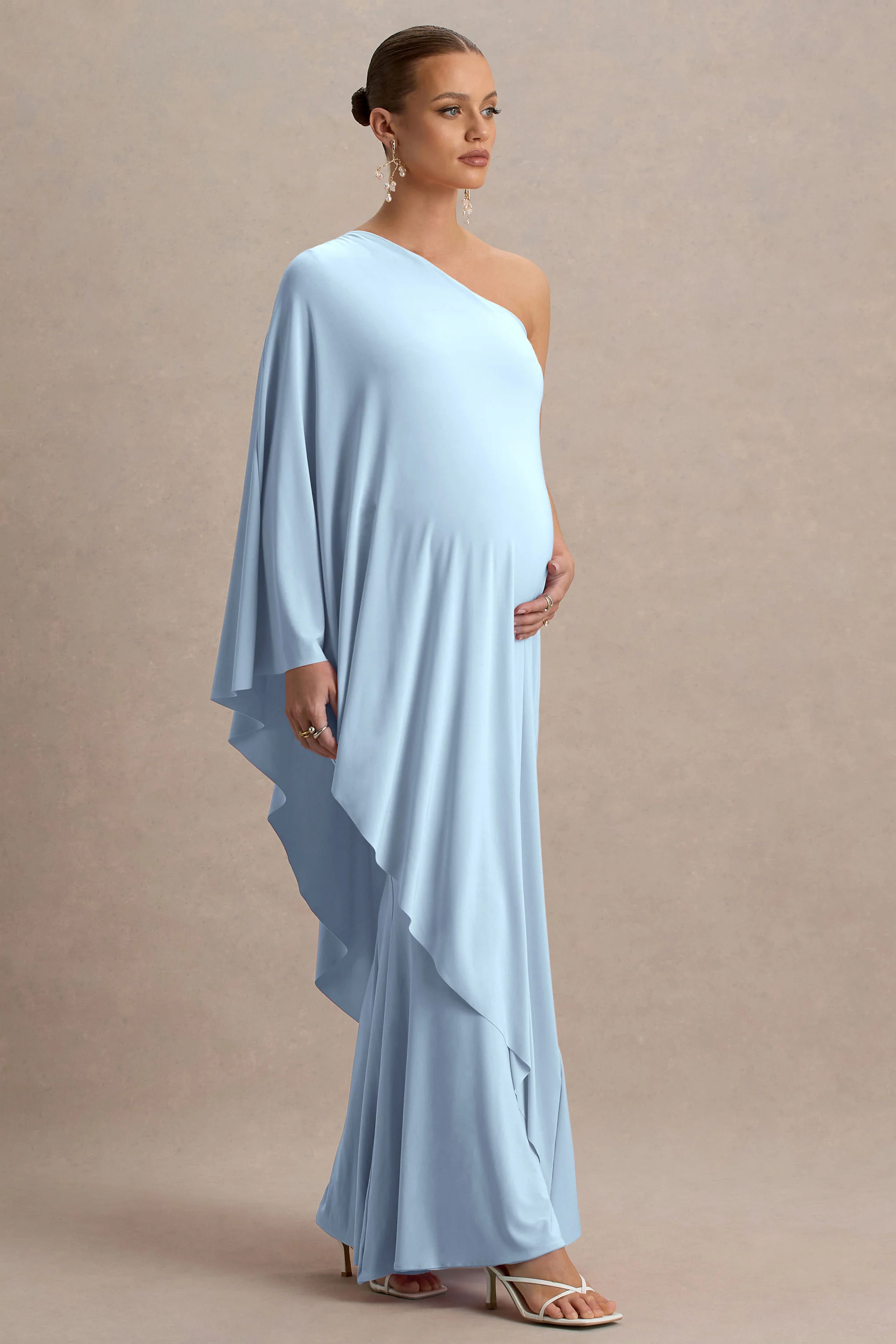Waves | Powder Blue Asymmetric Maternity Maxi Dress With One-Sleeve Cape - Image 4