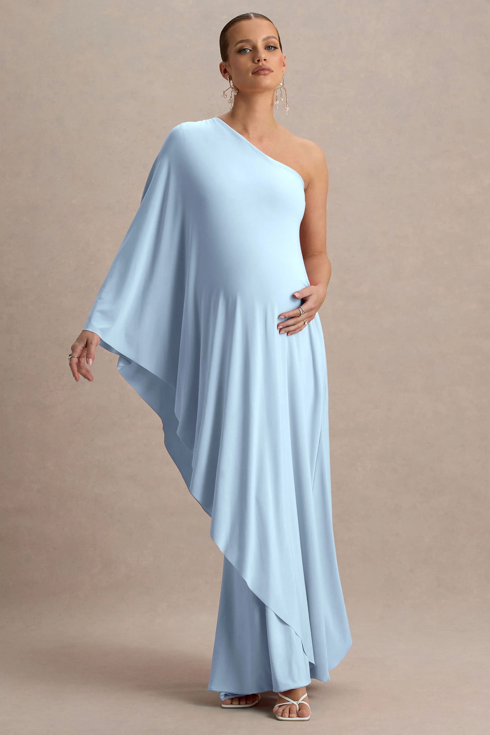 Waves | Powder Blue Asymmetric Maternity Maxi Dress With One-Sleeve Cape - Image 5