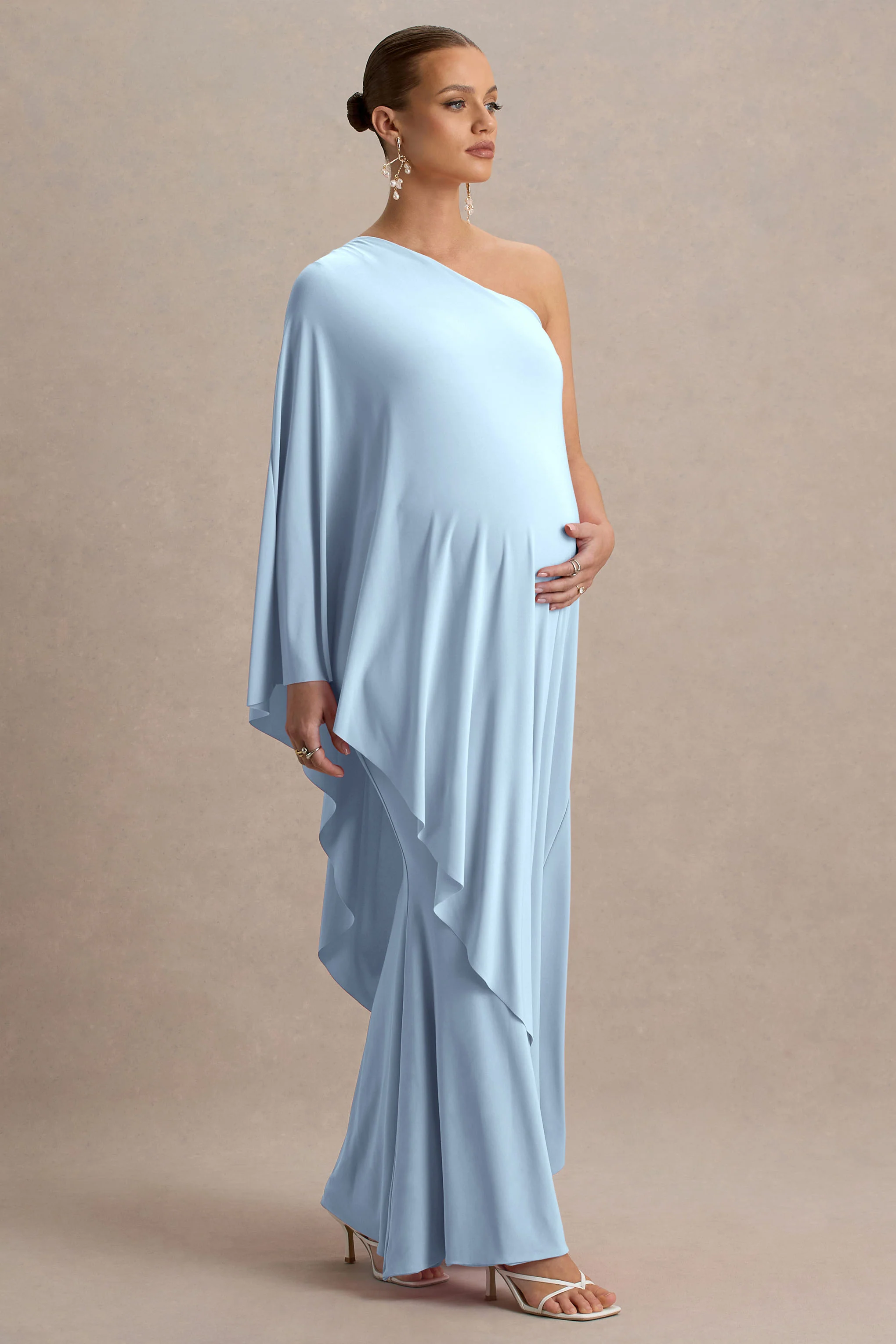Waves | Powder Blue Asymmetric Maternity Maxi Dress With One-Sleeve Cape - Image 6