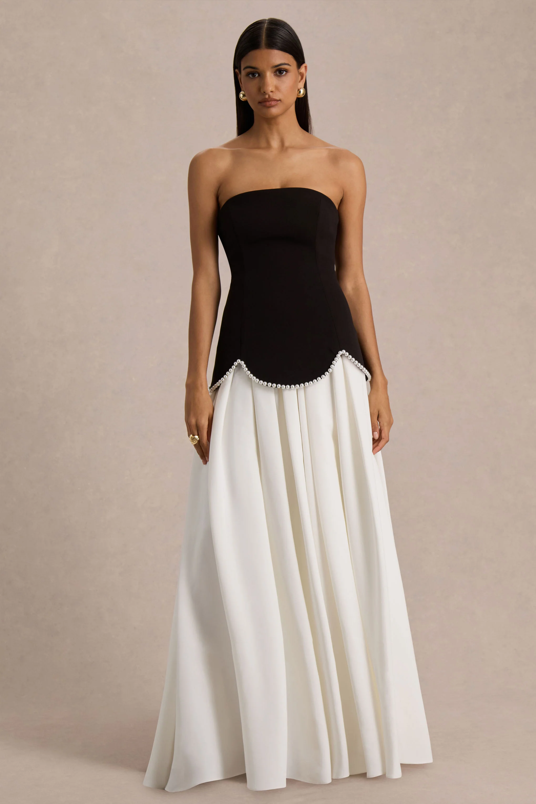 Wendy | Black And White Maxi Dress With Drop-Waist And Pearl Embellishment - Image 2