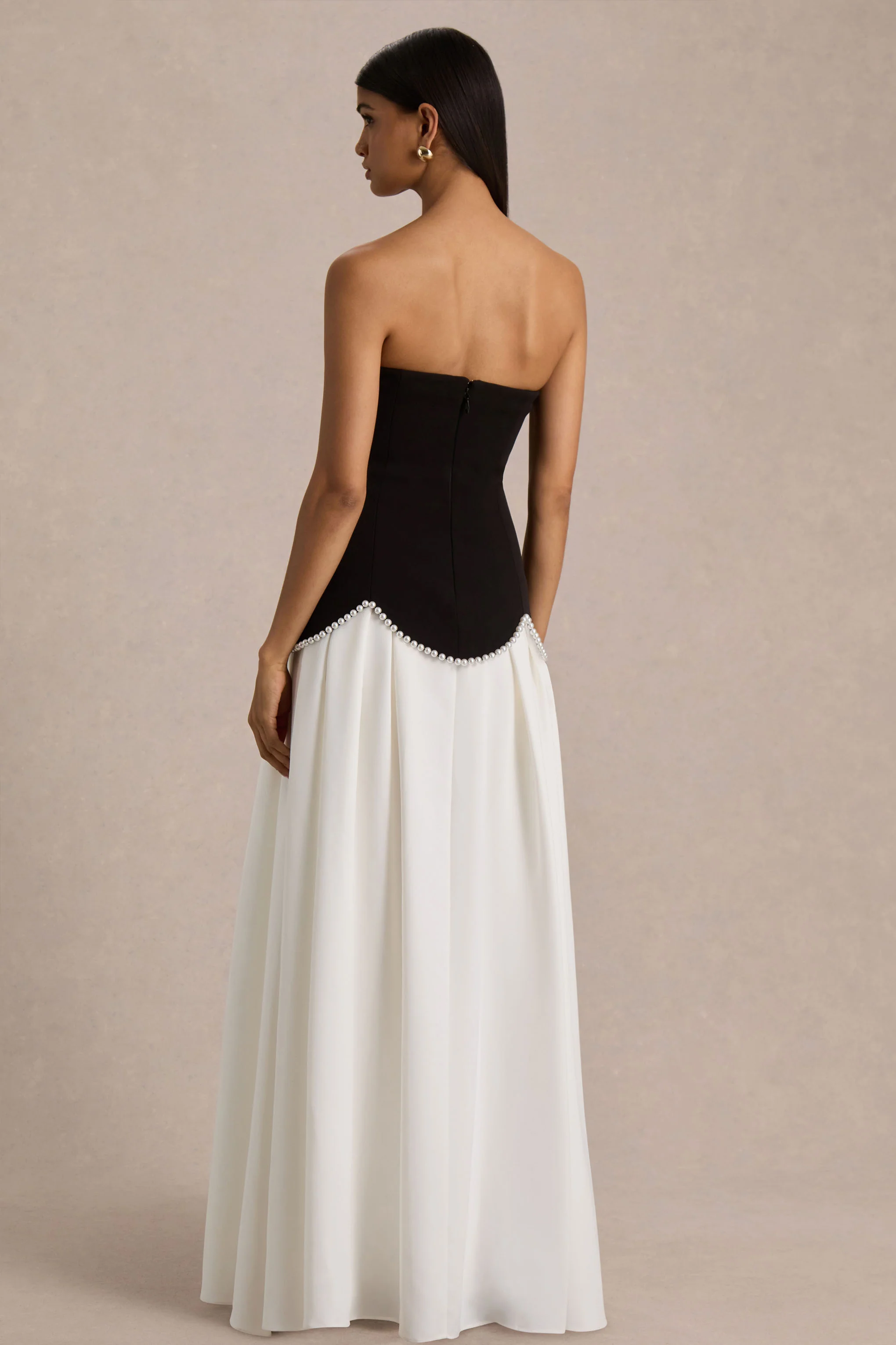 Wendy | Black And White Maxi Dress With Drop-Waist And Pearl Embellishment - Image 3