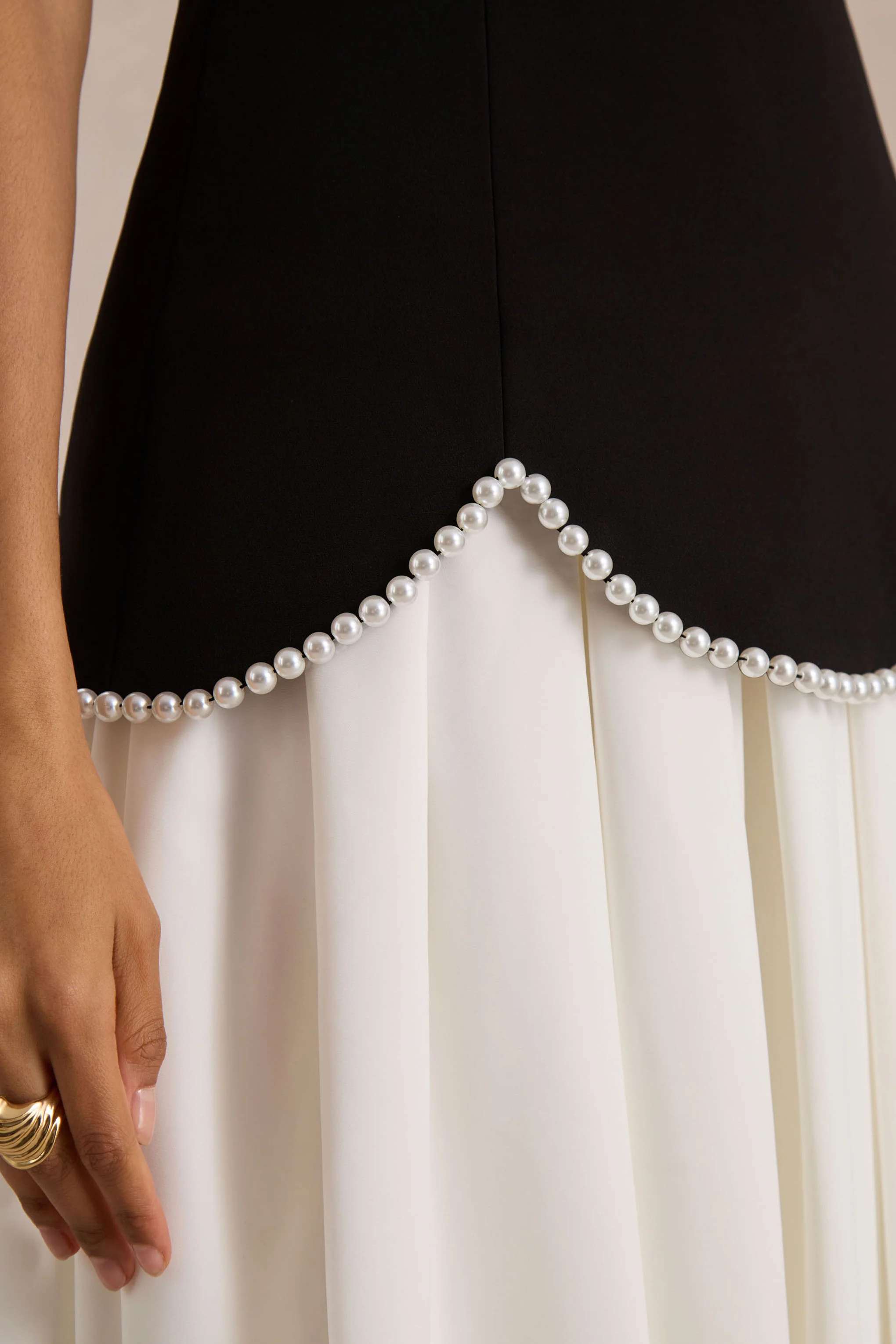 Wendy | Black And White Maxi Dress With Drop-Waist And Pearl Embellishment - Image 5