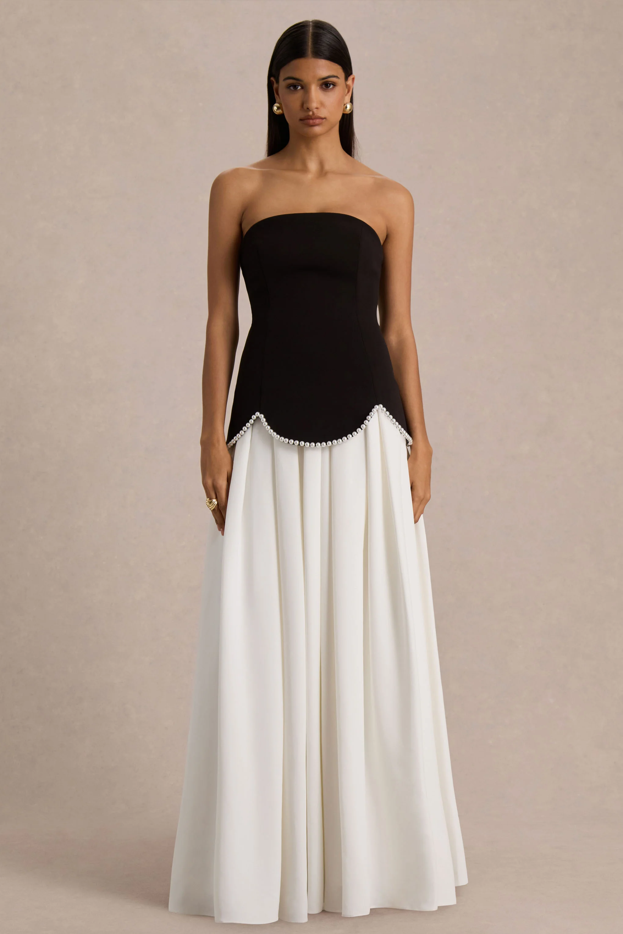 Wendy | Black And White Maxi Dress With Drop-Waist And Pearl Embellishment - Image 6