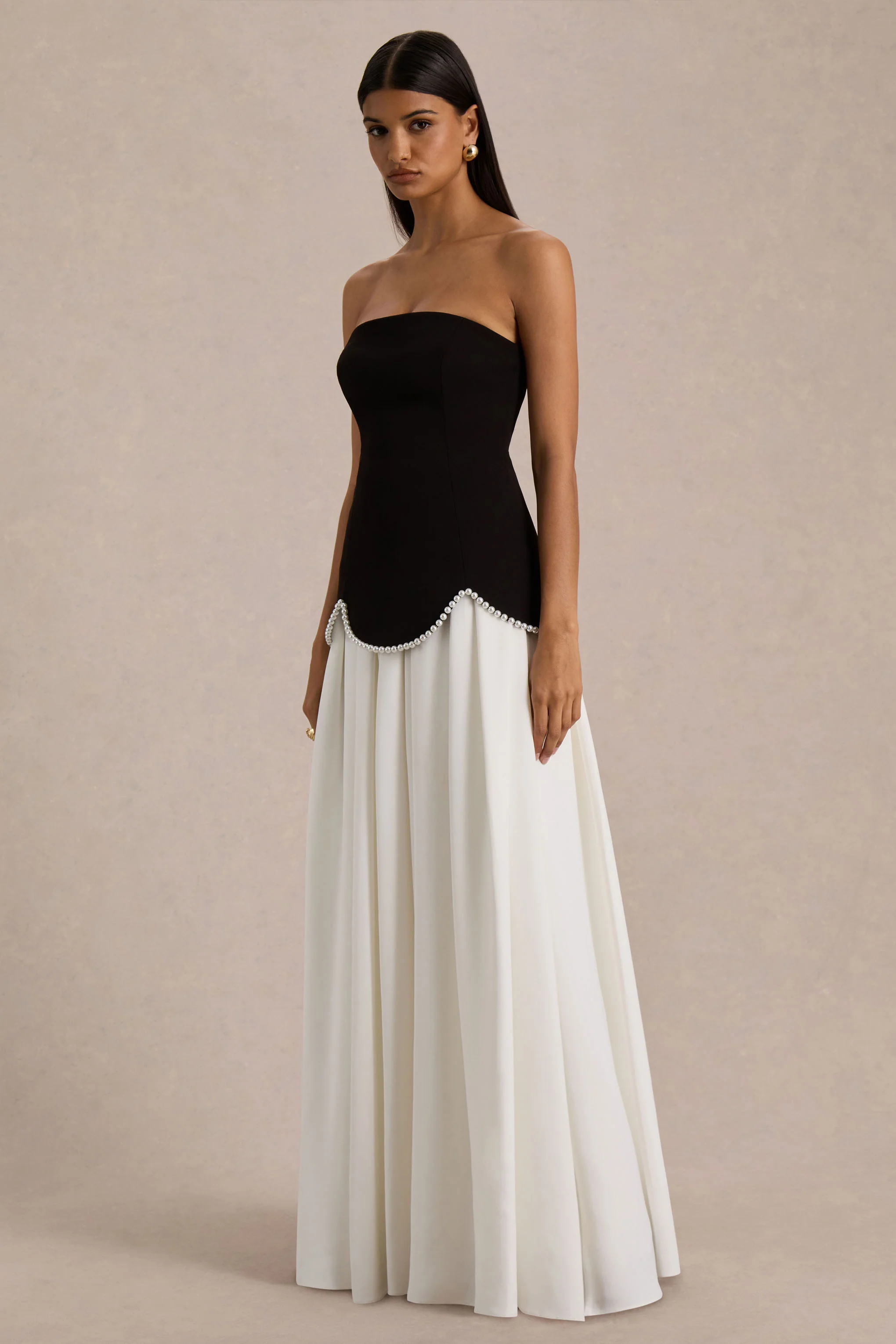 Wendy | Black And White Maxi Dress With Drop-Waist And Pearl Embellishment - Image 7