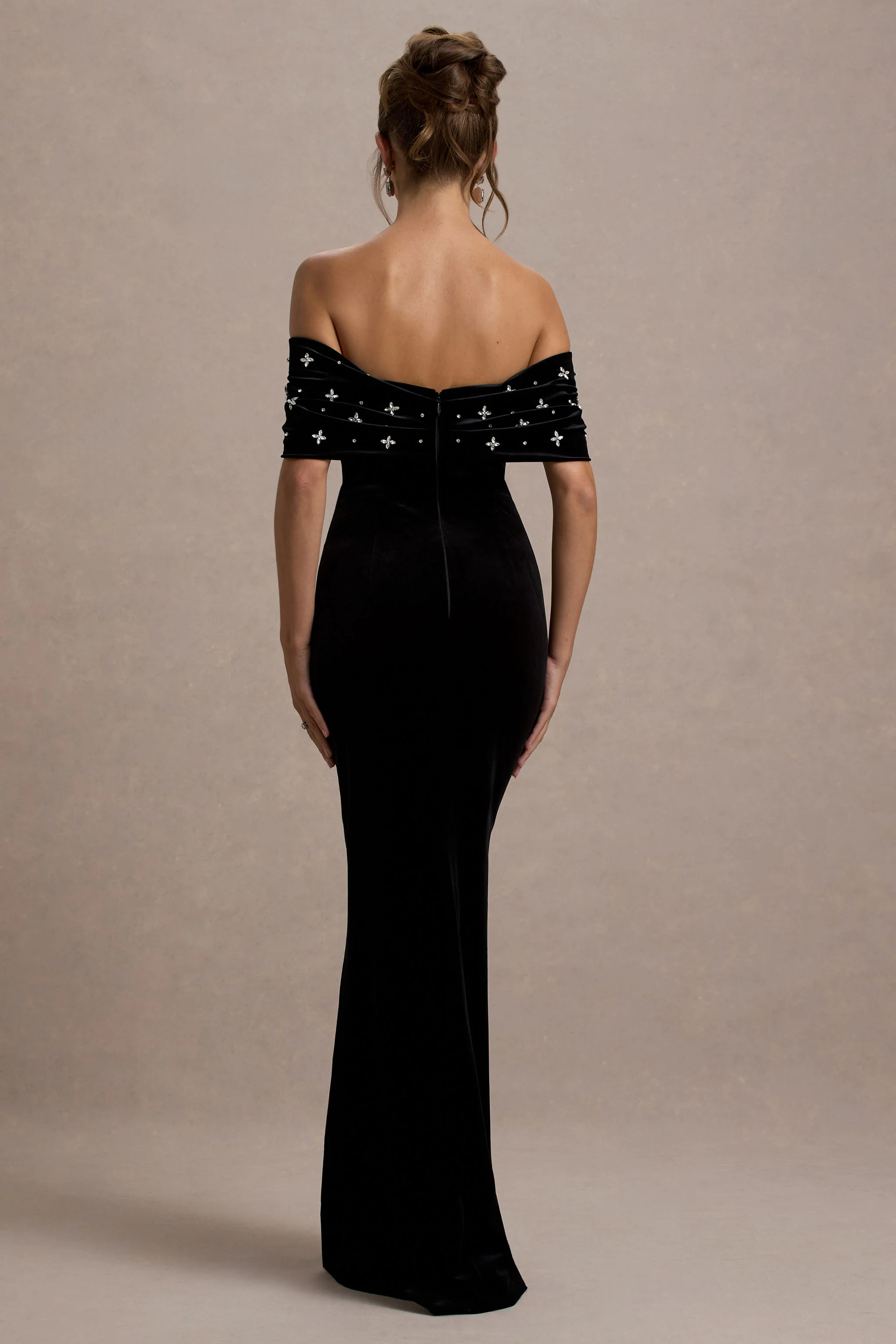 West End | Black Velvet Embellished Bardot Maxi Dress - Image 2