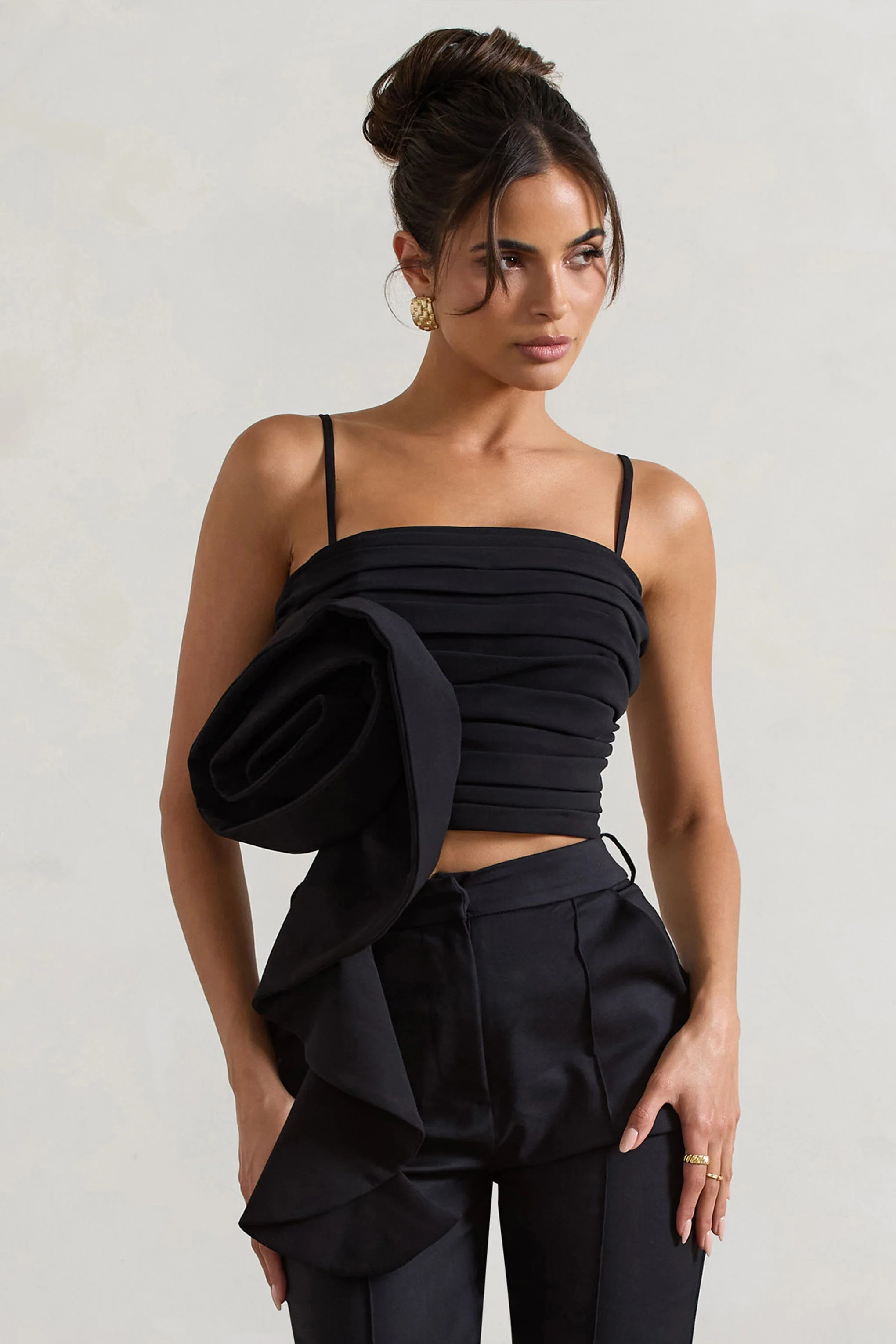 Whirlwind | Black Strappy Top With Oversized Ruffle Detail - Image 4
