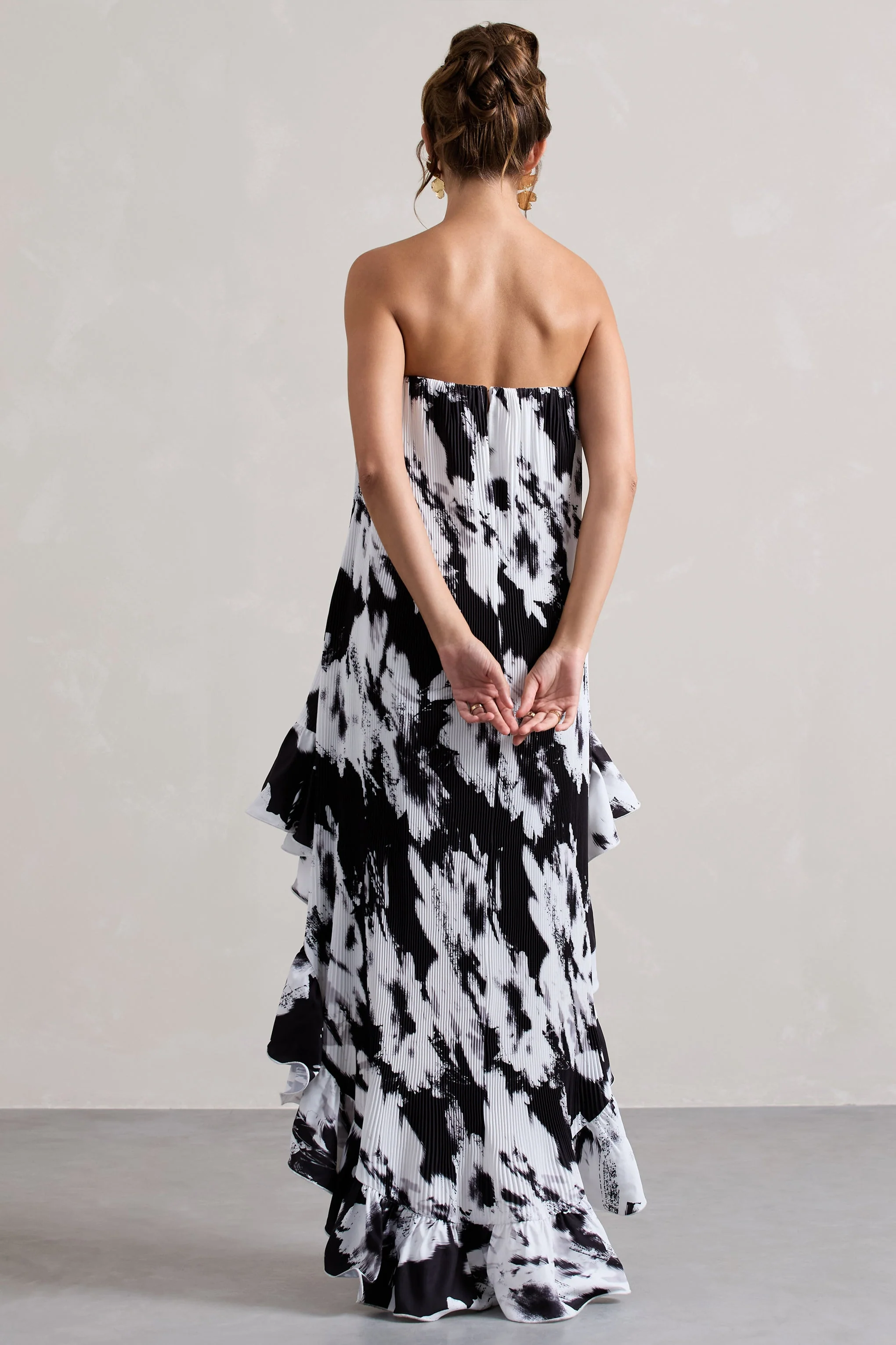 Whistler | Monochrome Floral Chiffon Bandeau High-Low Ruffled Maxi Dress - Image 2