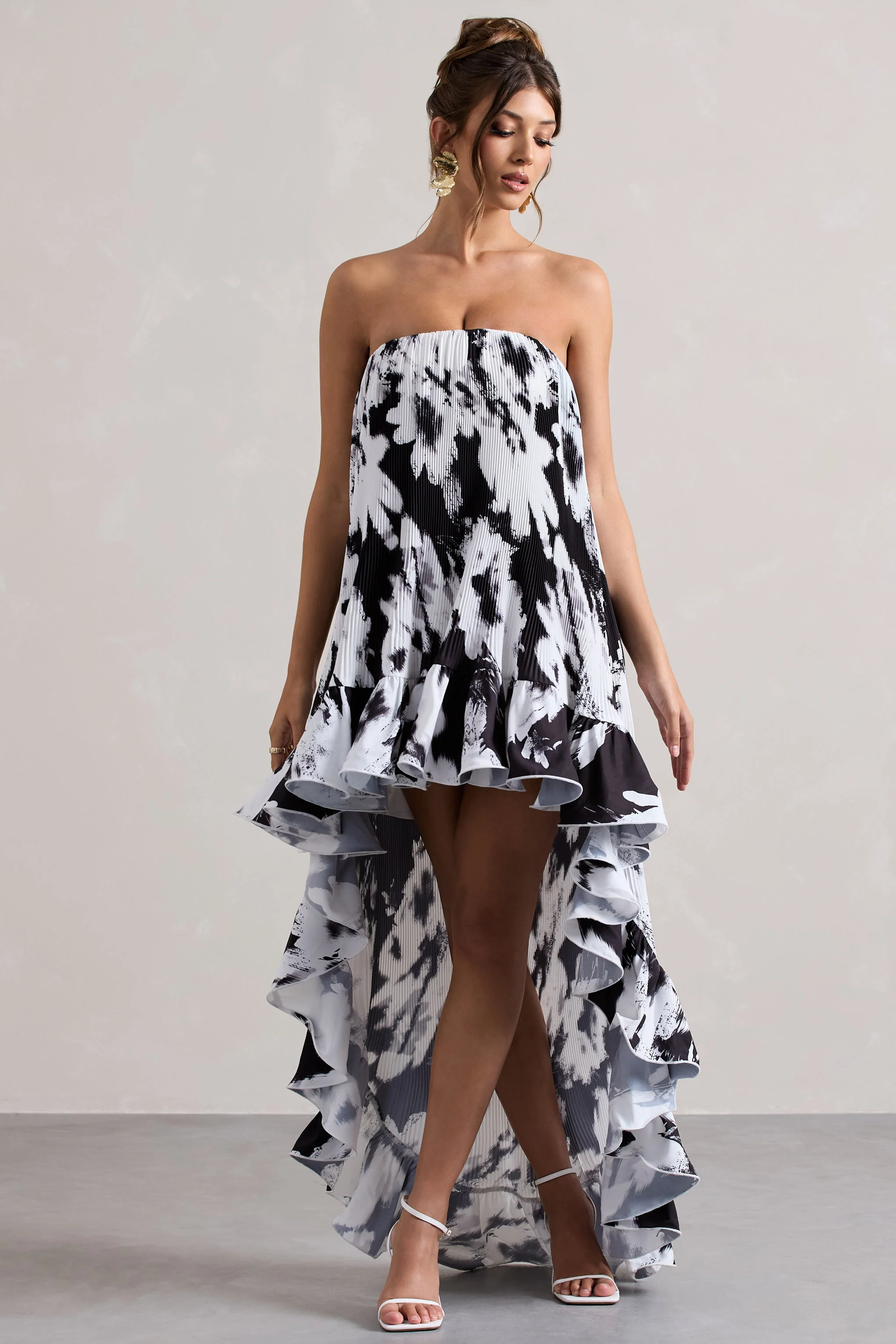 Whistler | Monochrome Floral Chiffon Bandeau High-Low Ruffled Maxi Dress - Image 4