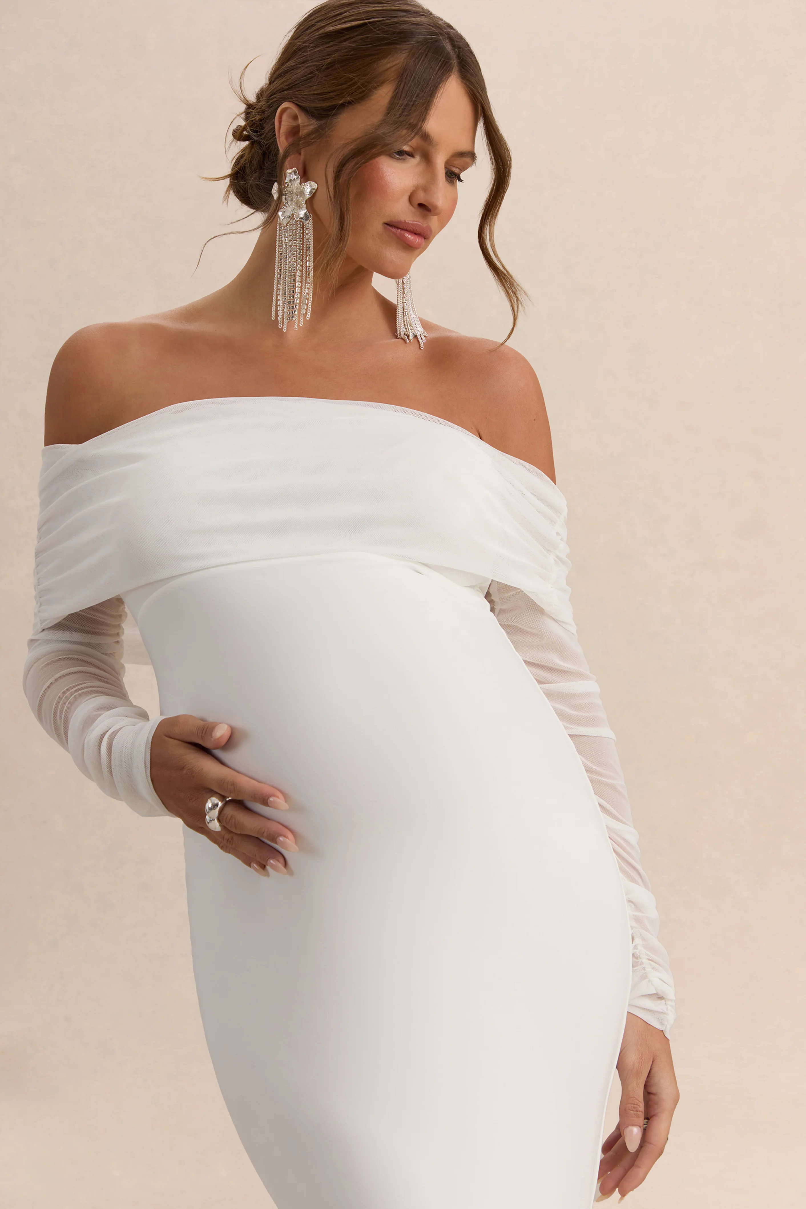 Pretty Perfect | White Maternity Ruched Mesh Bardot Maxi Dress - Image 3