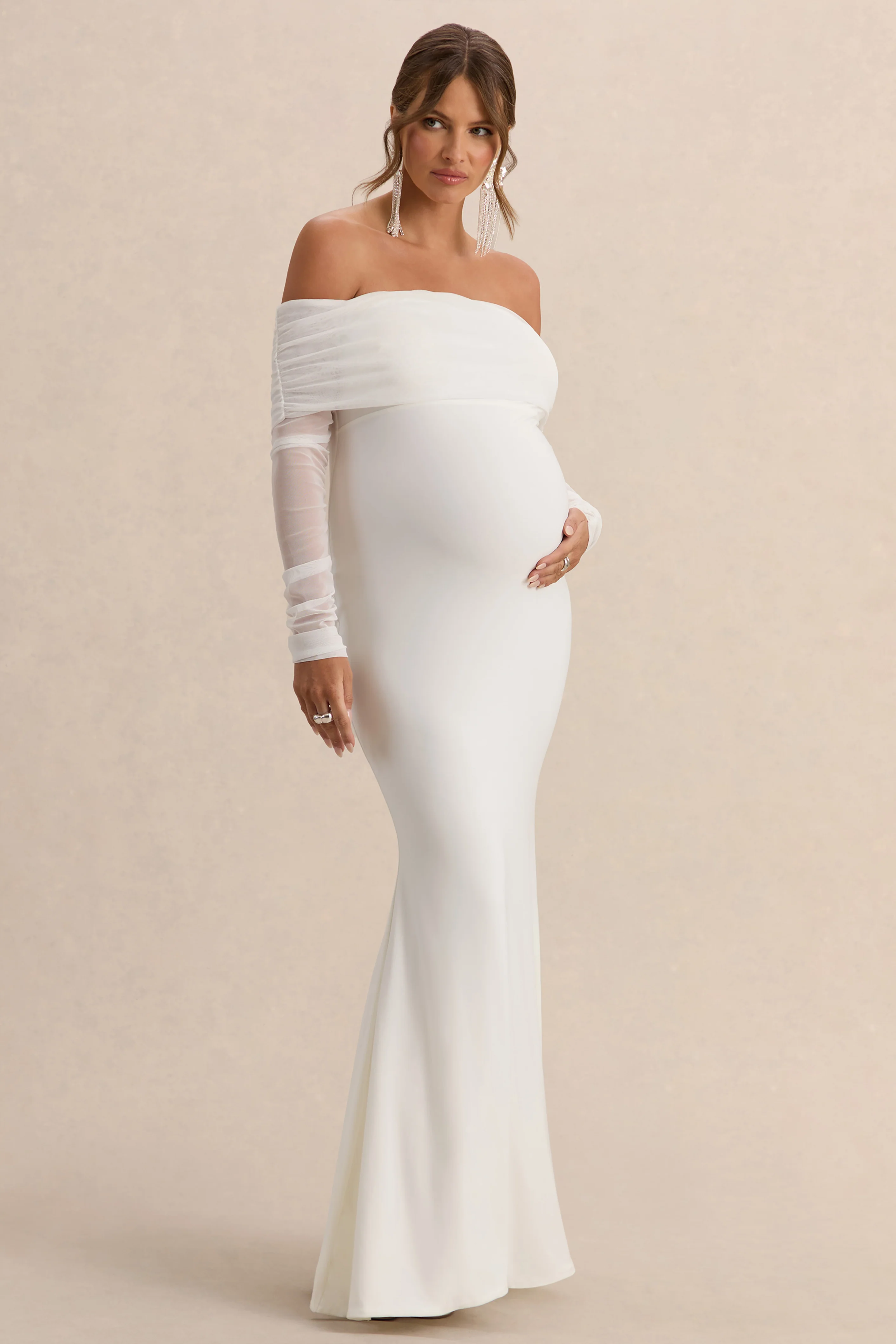 Pretty Perfect | White Maternity Ruched Mesh Bardot Maxi Dress - Image 5