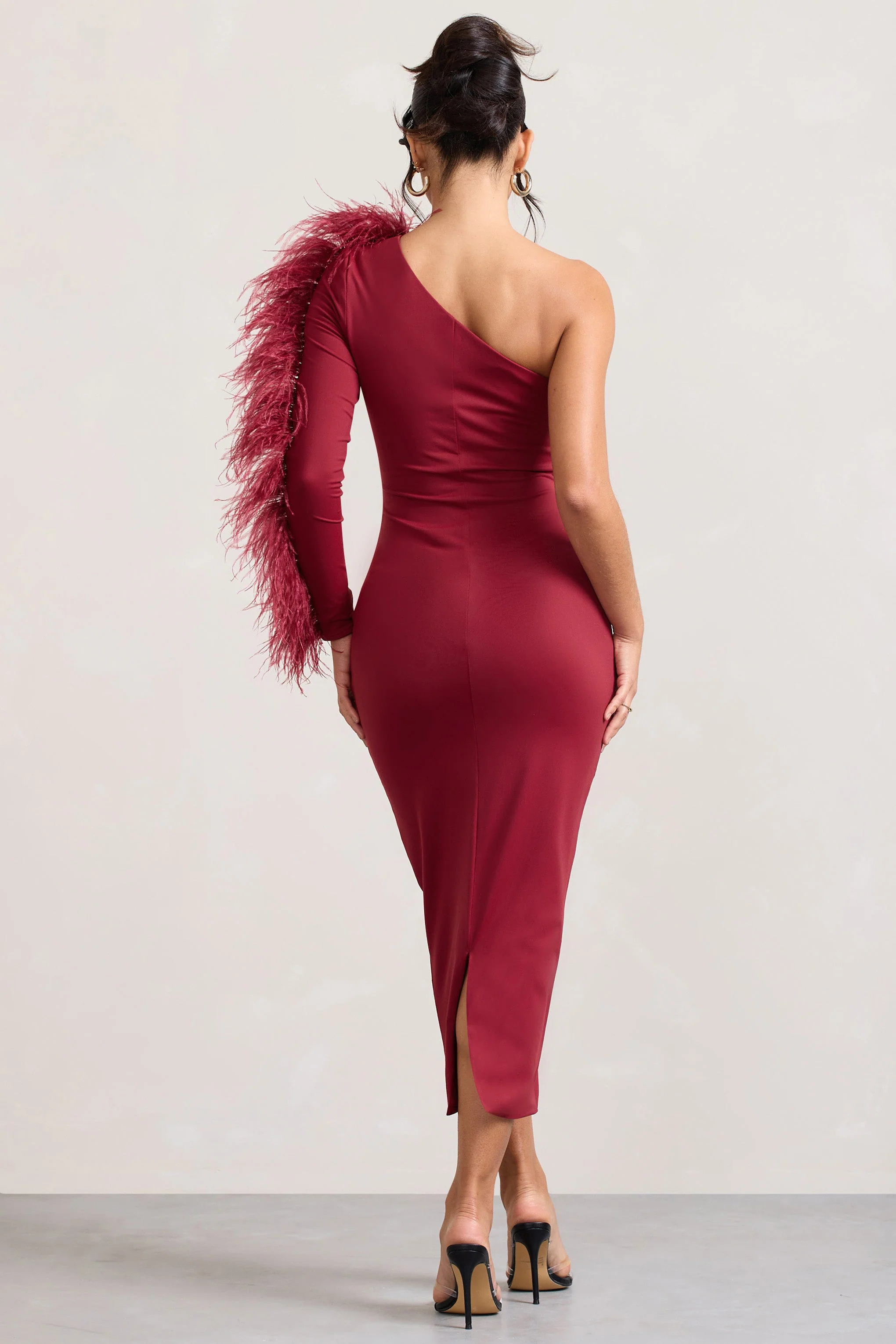Wild One | Burgundy One-Shoulder Bodycon Midi Dress With Feather-Trimmed Sleeve - Image 3