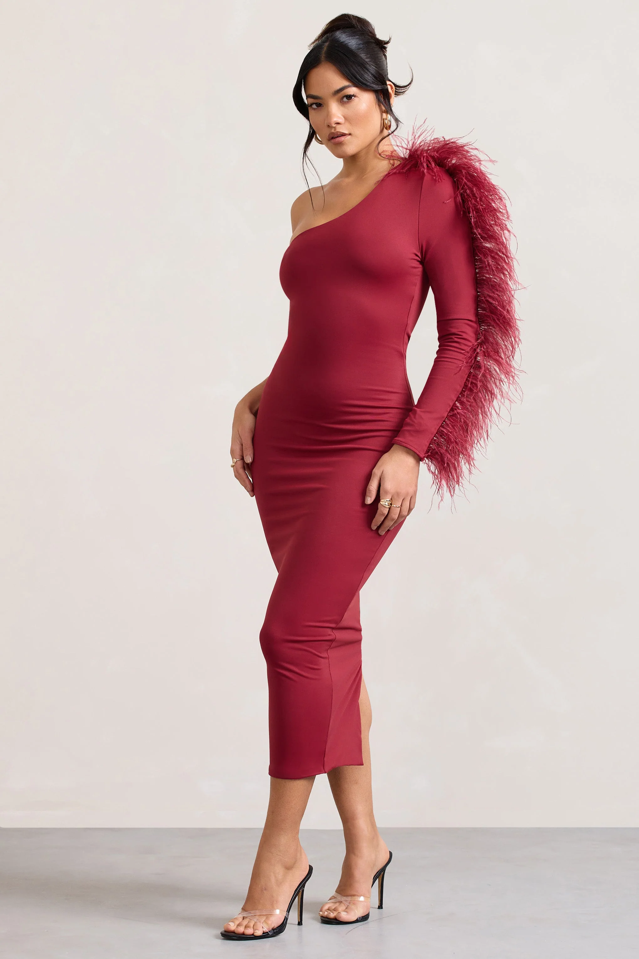 Wild One | Burgundy One-Shoulder Bodycon Midi Dress With Feather-Trimmed Sleeve - Image 5