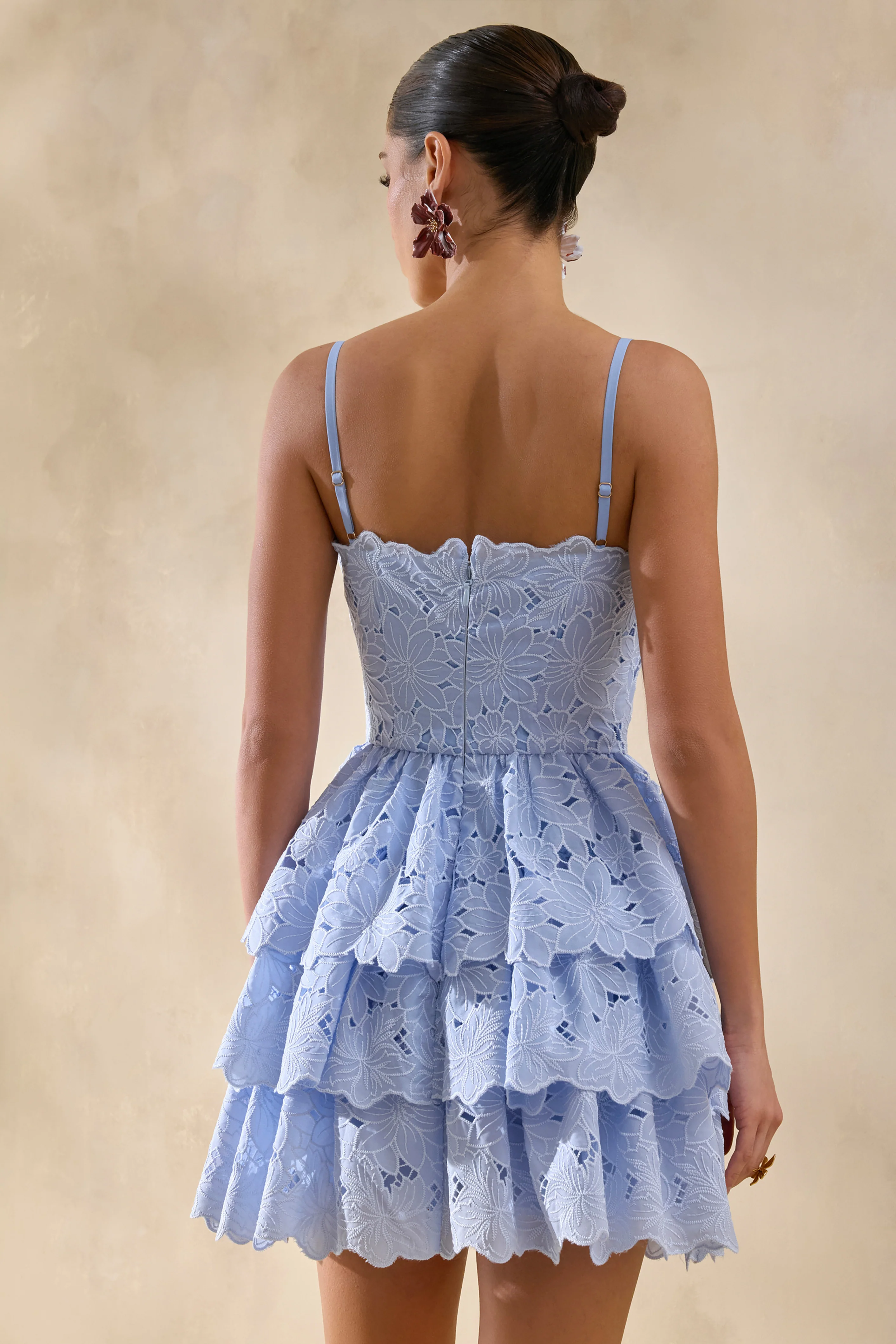 Winona | Powder Blue Lace Square-Neck Mini Dress With Ruffled Detailing - Image 2