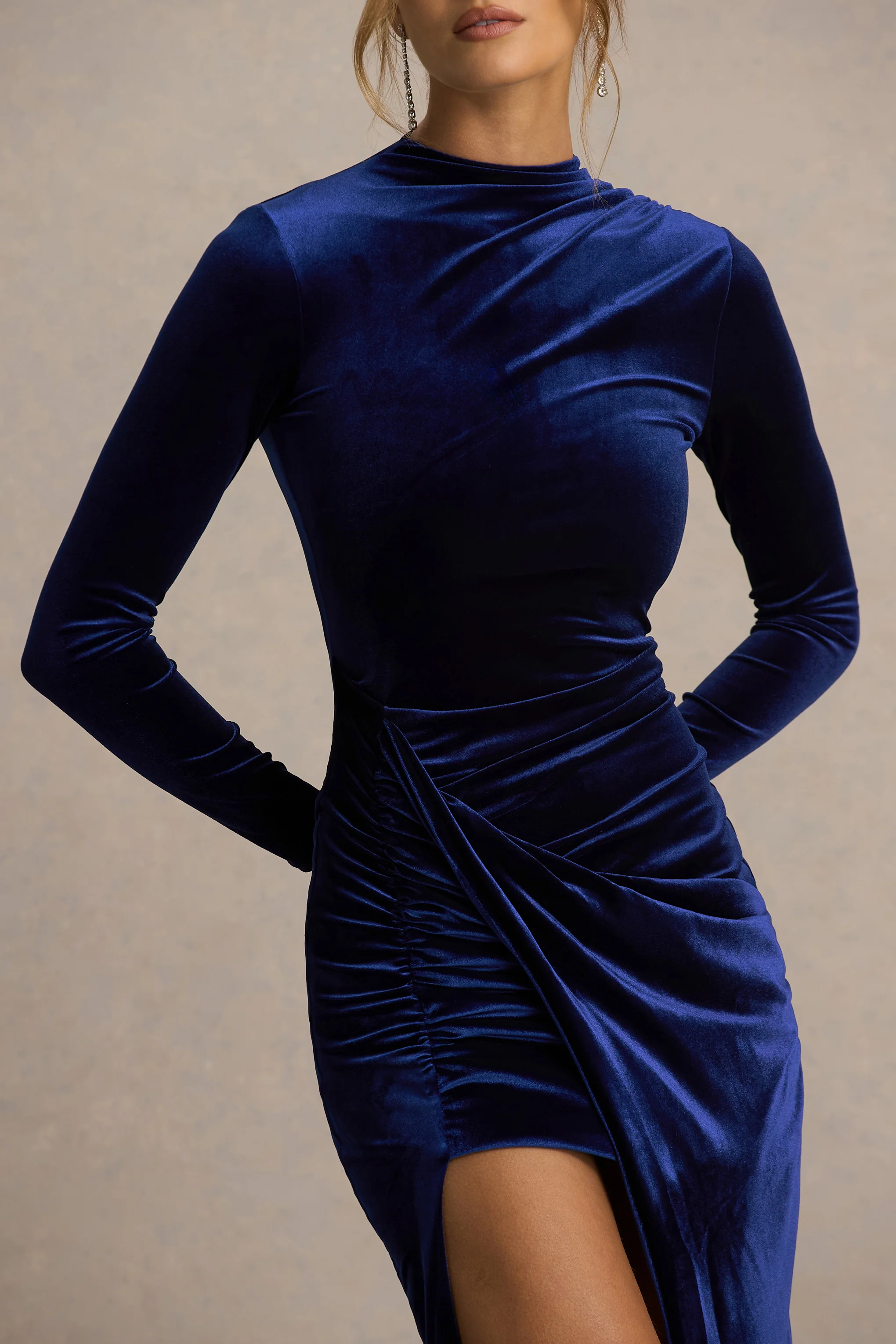 Wishes | Navy Velvet High-Neck Maxi Dress With Wrap Skirt - Image 3