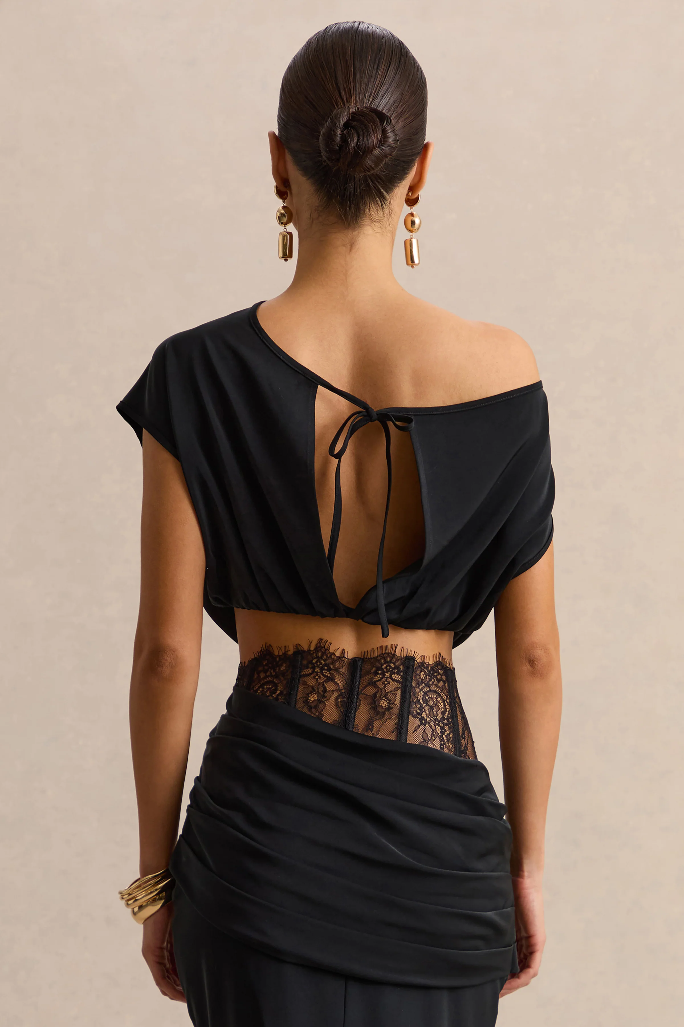 Yaselle | Black Satin Asymmetric-Neck Crop-Top - Image 2
