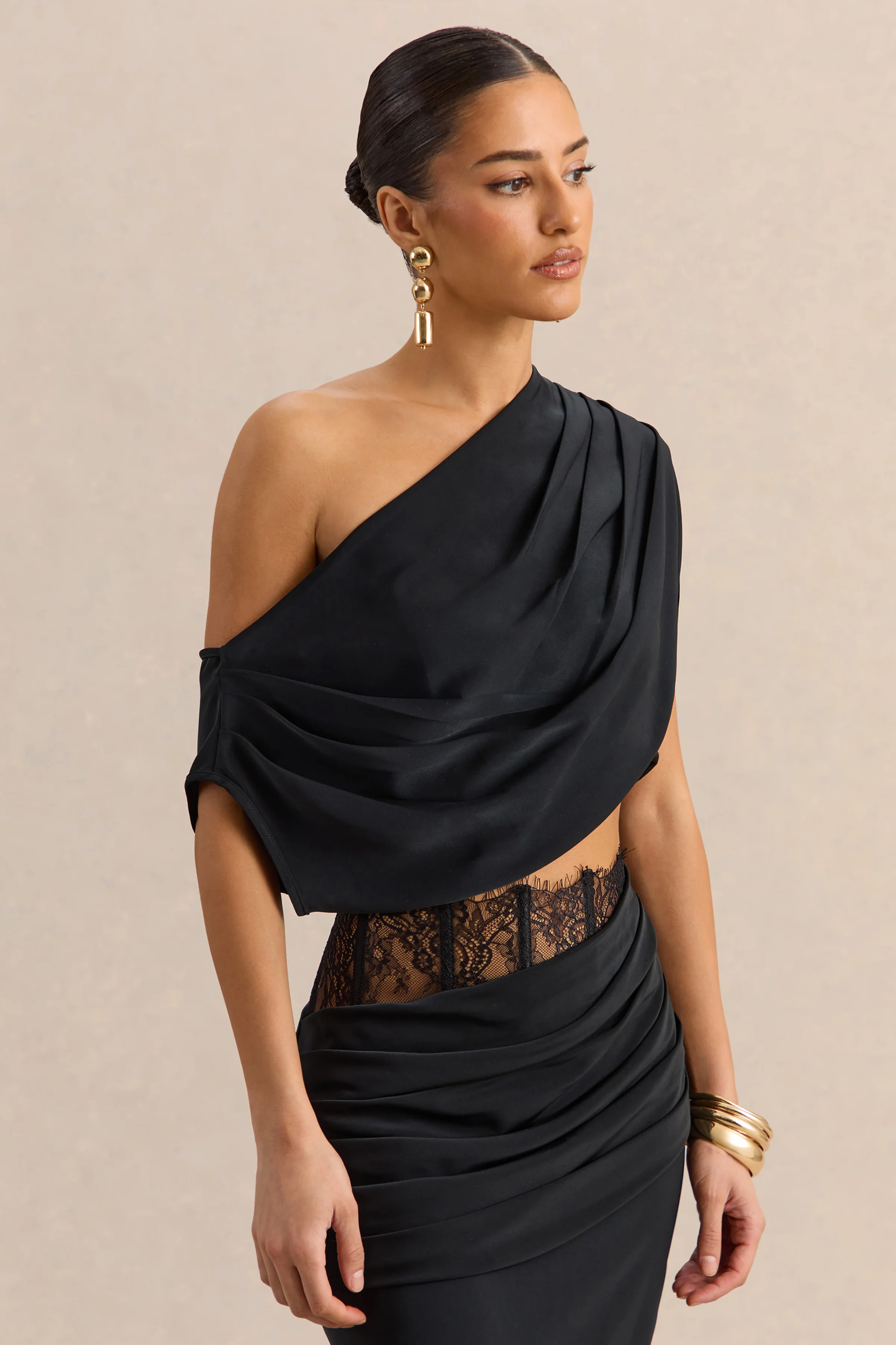 Yaselle | Black Satin Asymmetric-Neck Crop-Top - Image 3