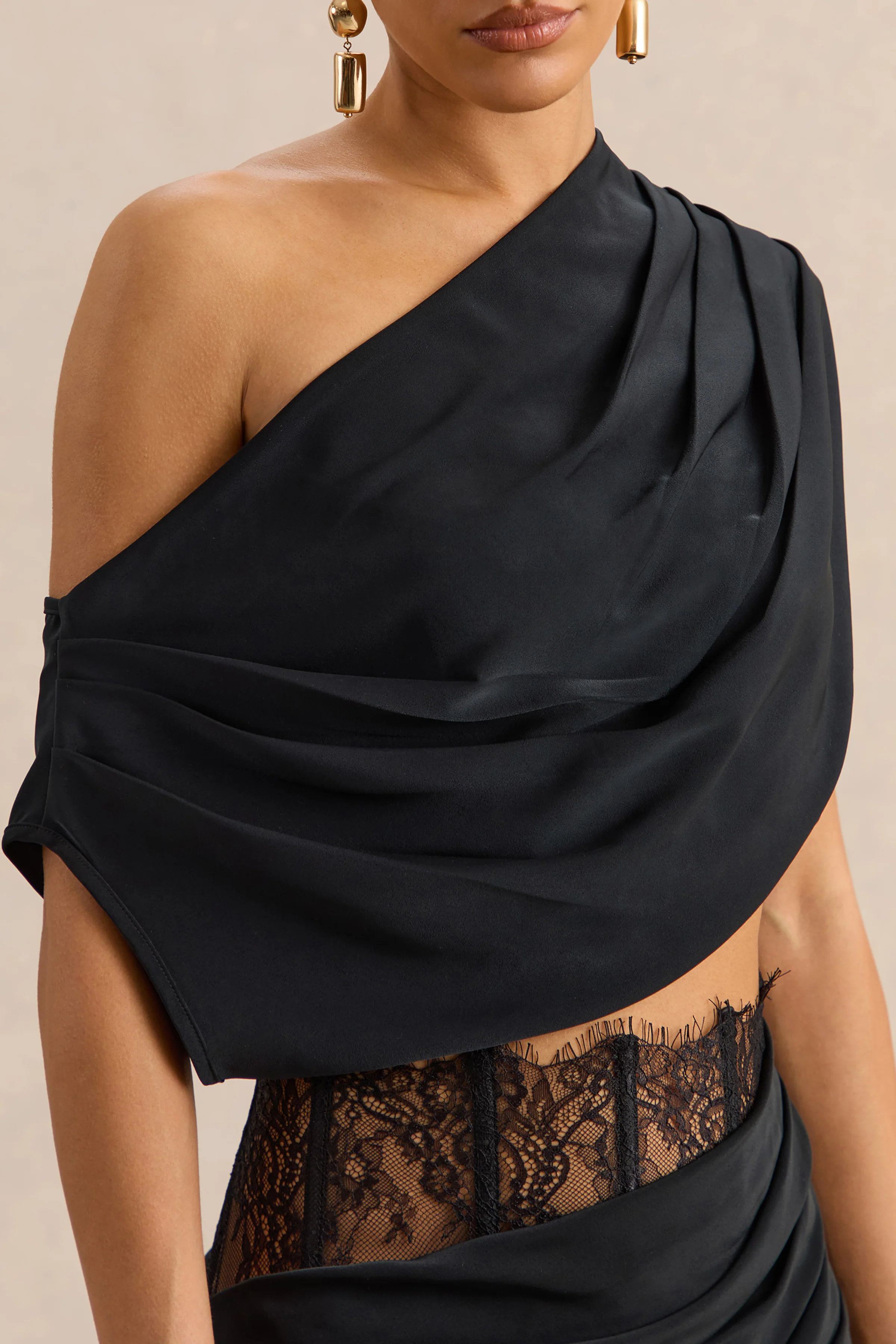 Yaselle | Black Satin Asymmetric-Neck Crop-Top - Image 6