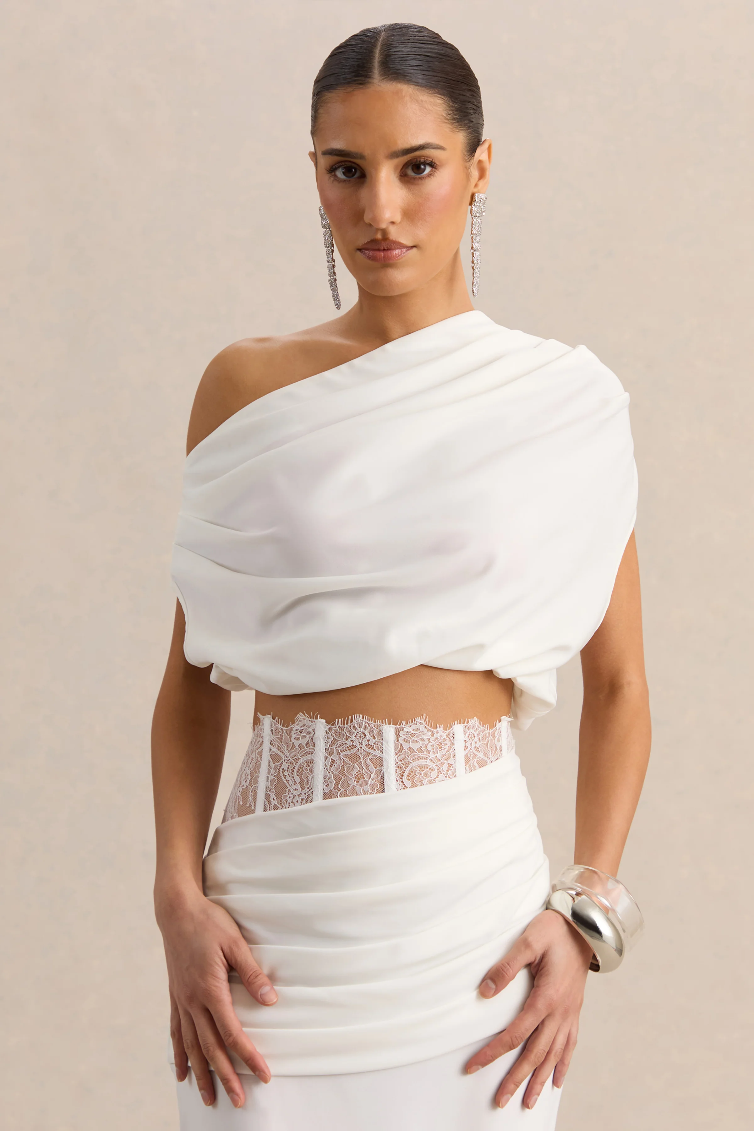 Yaselle | White Satin Asymmetric-Neck Crop-Top
