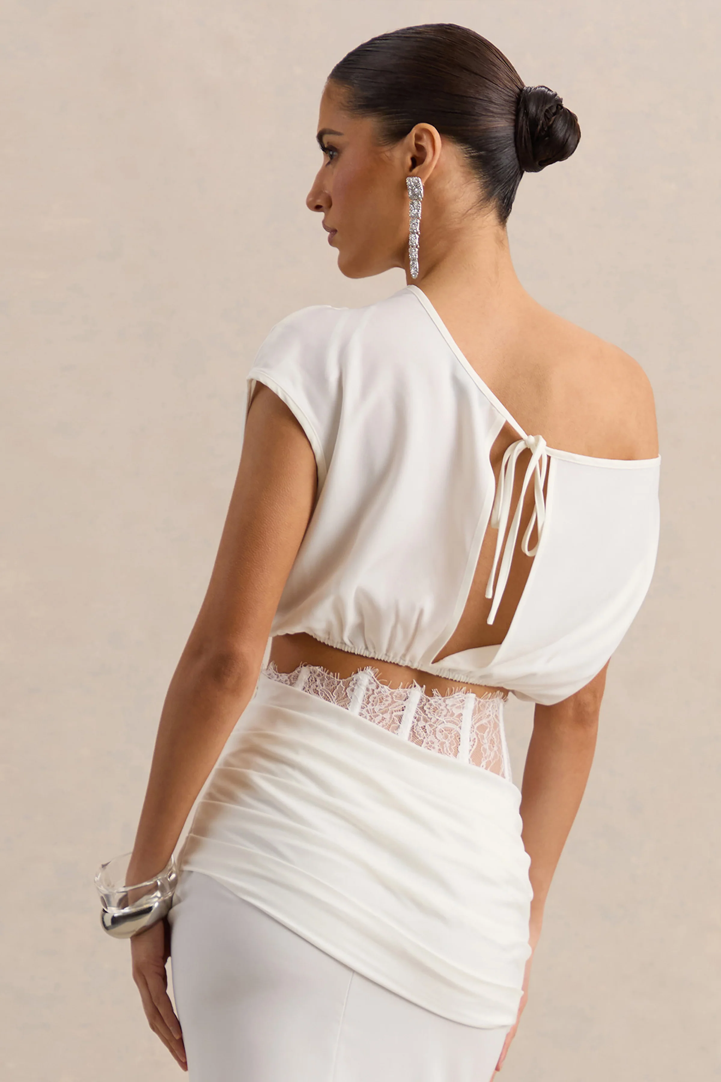 Yaselle | White Satin Asymmetric-Neck Crop-Top - Image 2