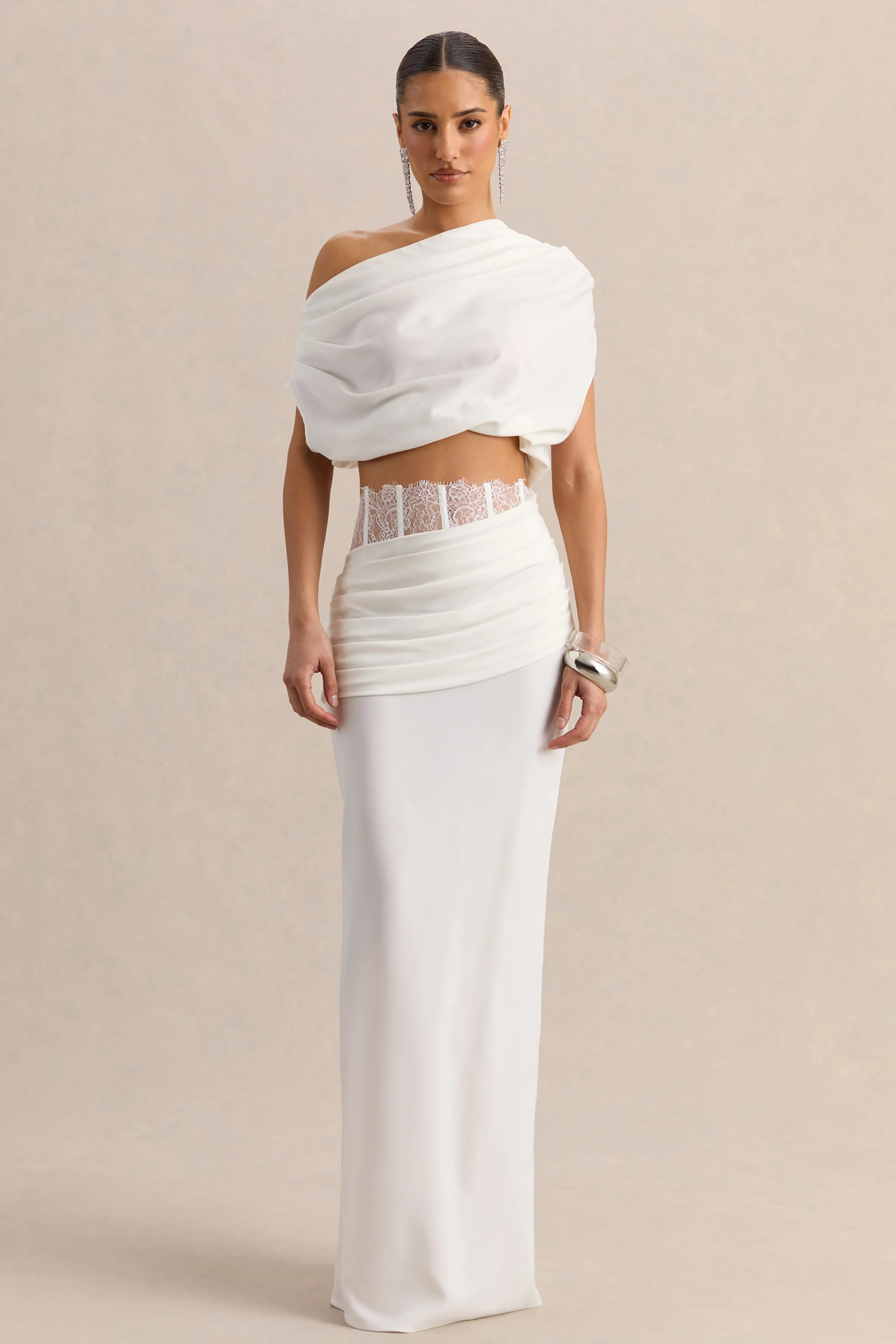 Yaselle | White Satin Asymmetric-Neck Crop-Top - Image 3