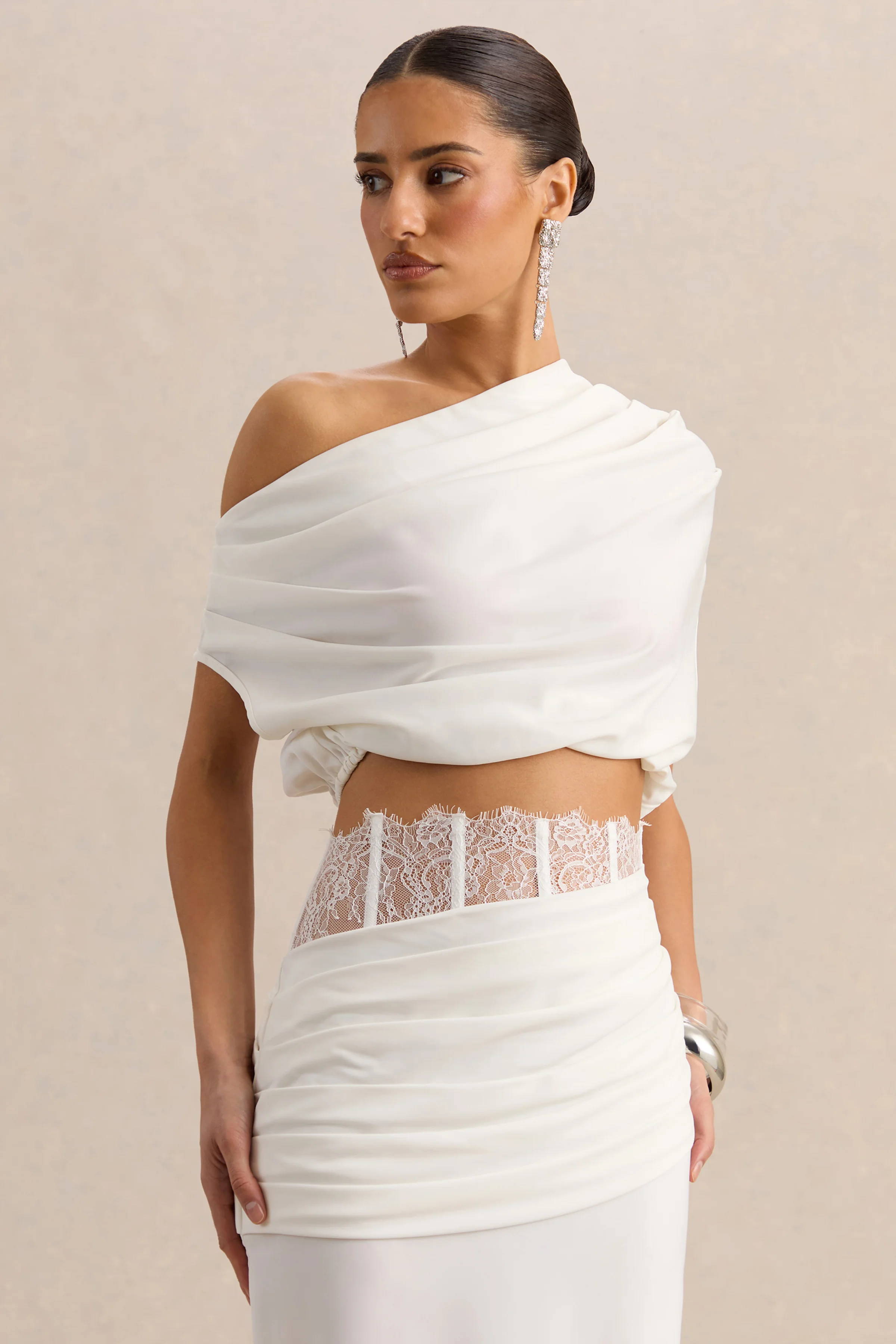 Yaselle | White Satin Asymmetric-Neck Crop-Top - Image 4