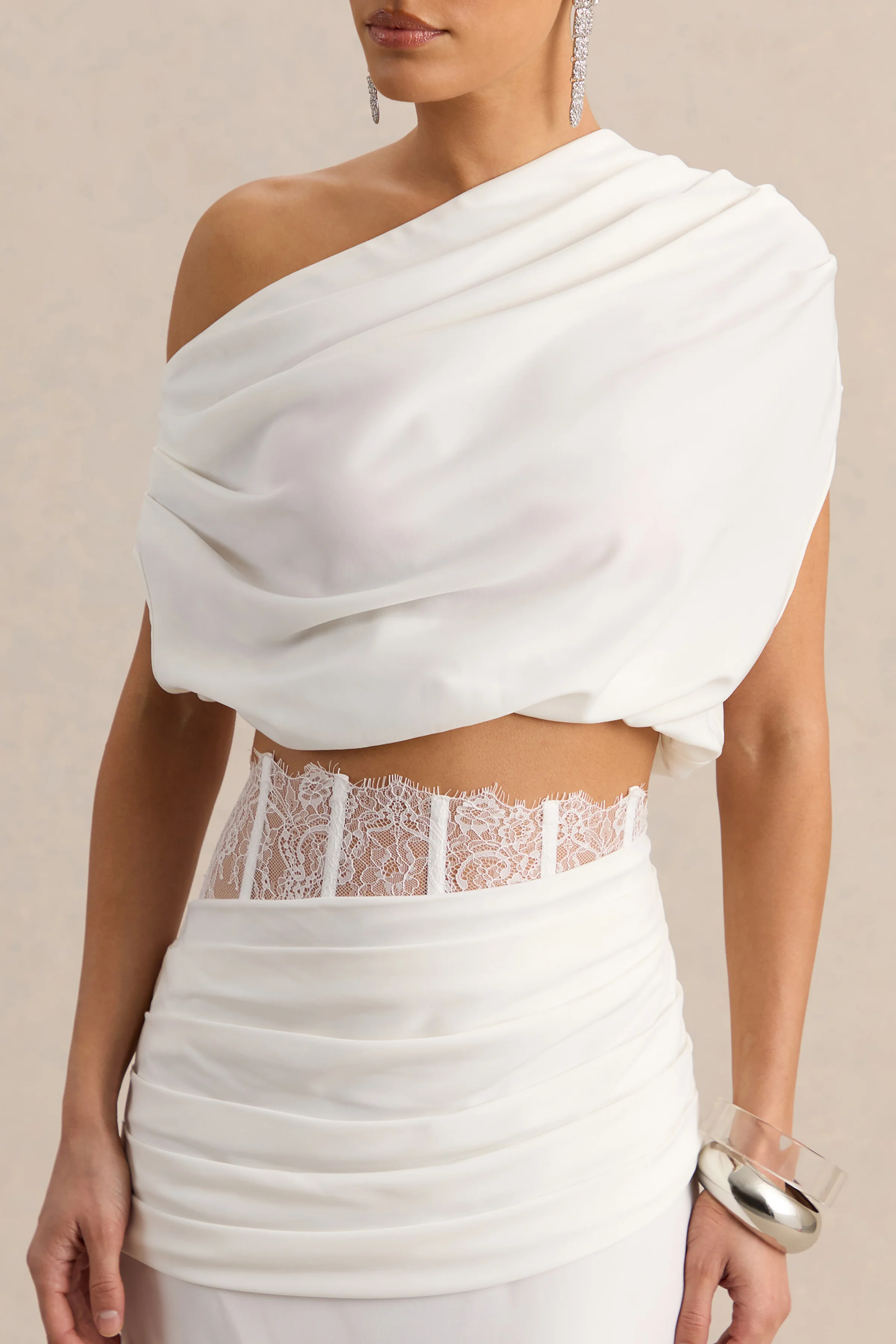 Yaselle | White Satin Asymmetric-Neck Crop-Top - Image 5