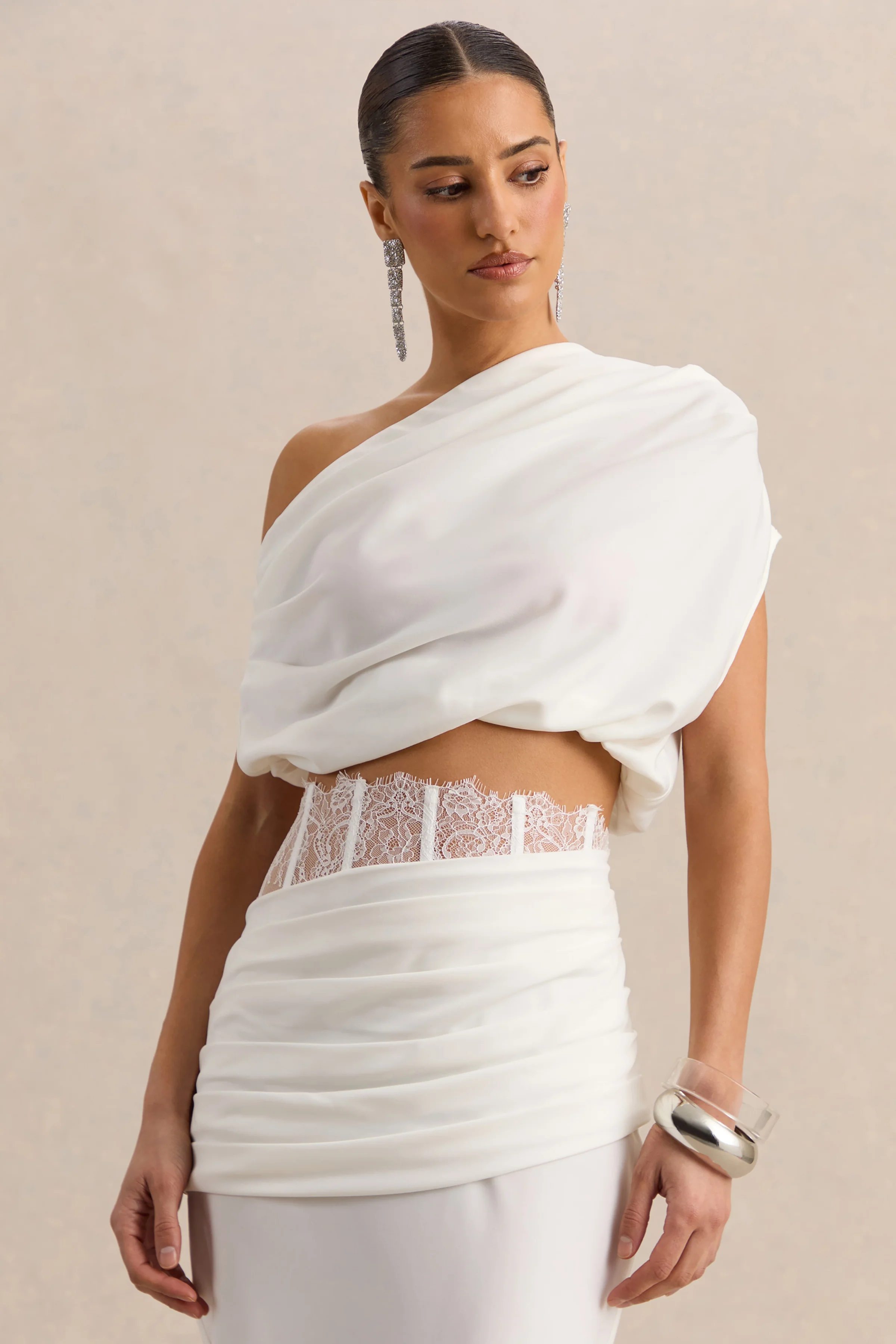 Yaselle | White Satin Asymmetric-Neck Crop-Top - Image 6
