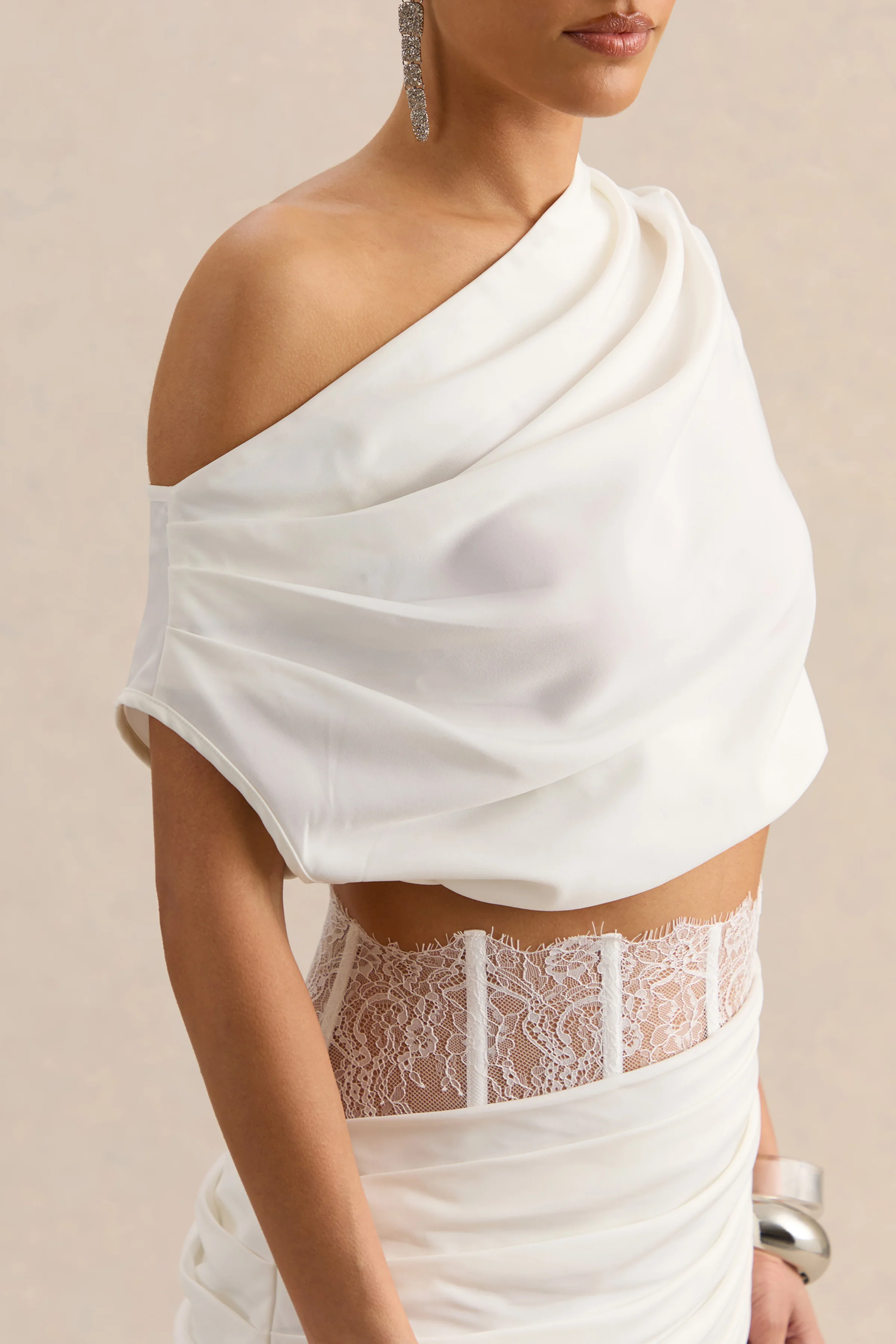 Yaselle | White Satin Asymmetric-Neck Crop-Top - Image 7