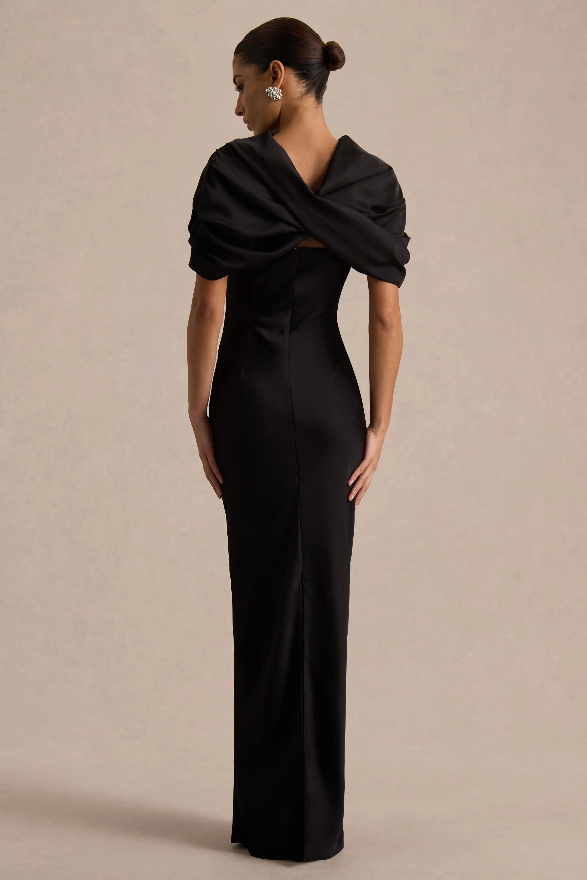 Yoli | Black Satin Maxi Dress With Removable Twist-Cape - Image 2
