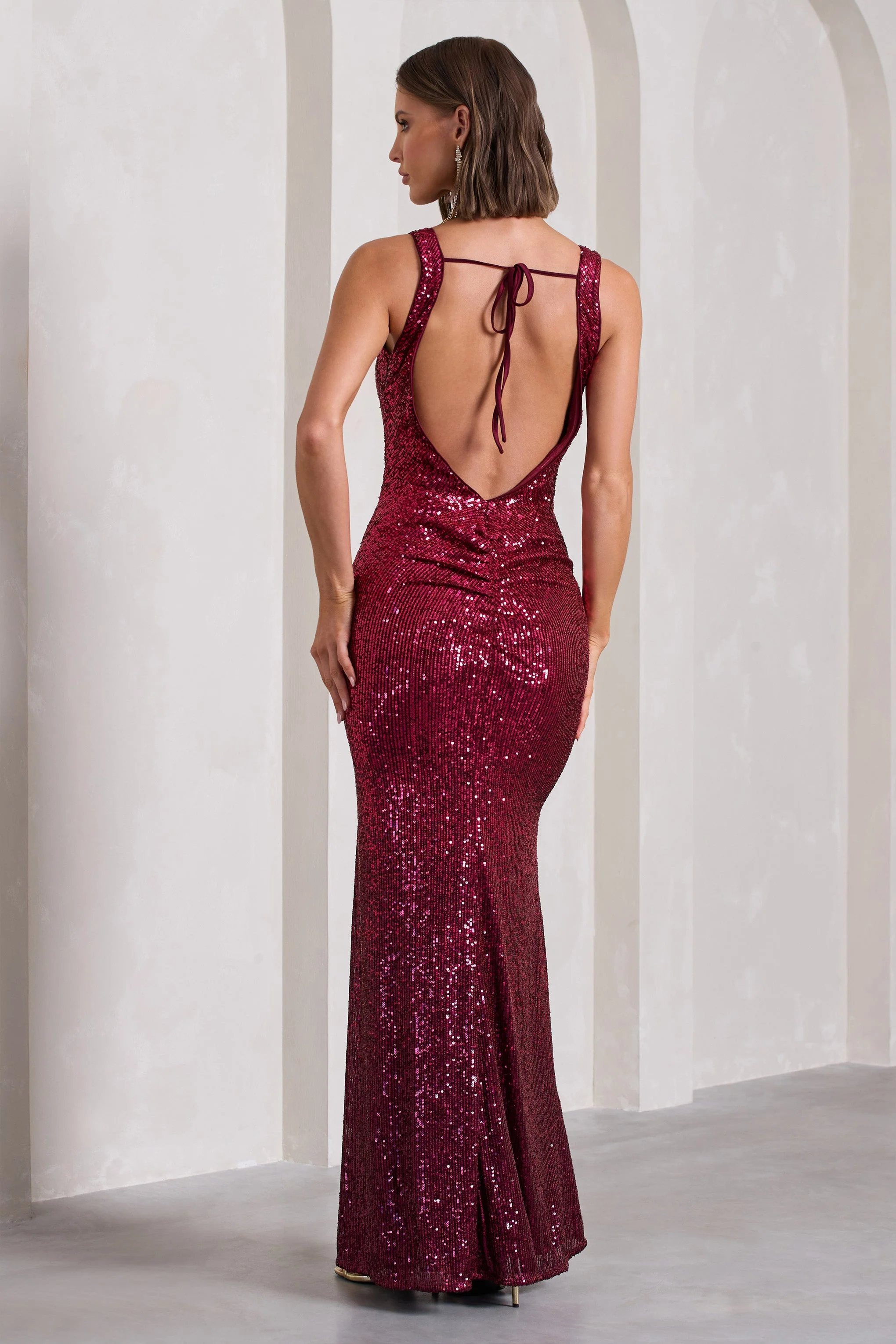 Yvonne | Plum Sequin Open-Back Bodycon Maxi Dress - Image 2