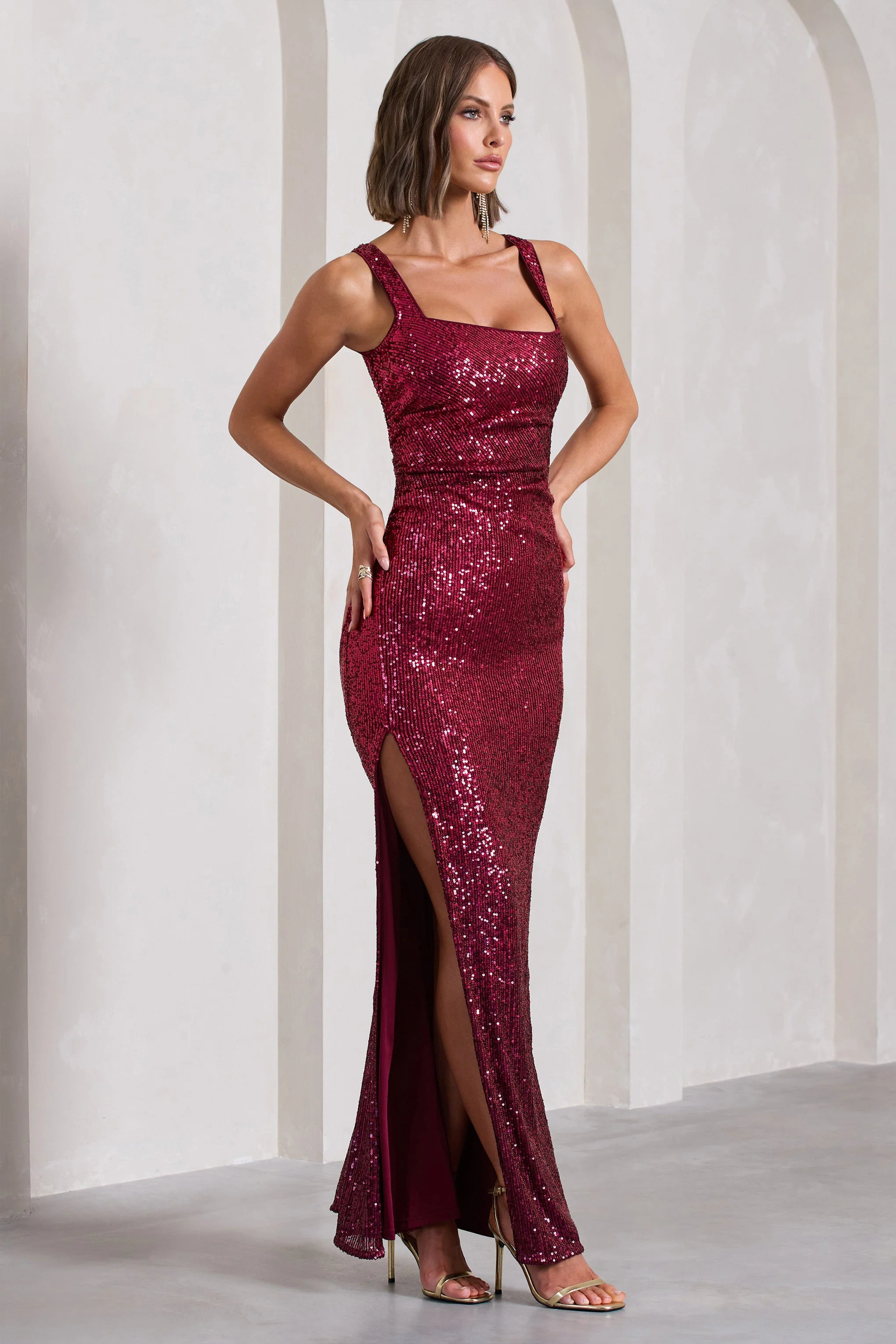 Yvonne | Plum Sequin Open-Back Bodycon Maxi Dress - Image 4