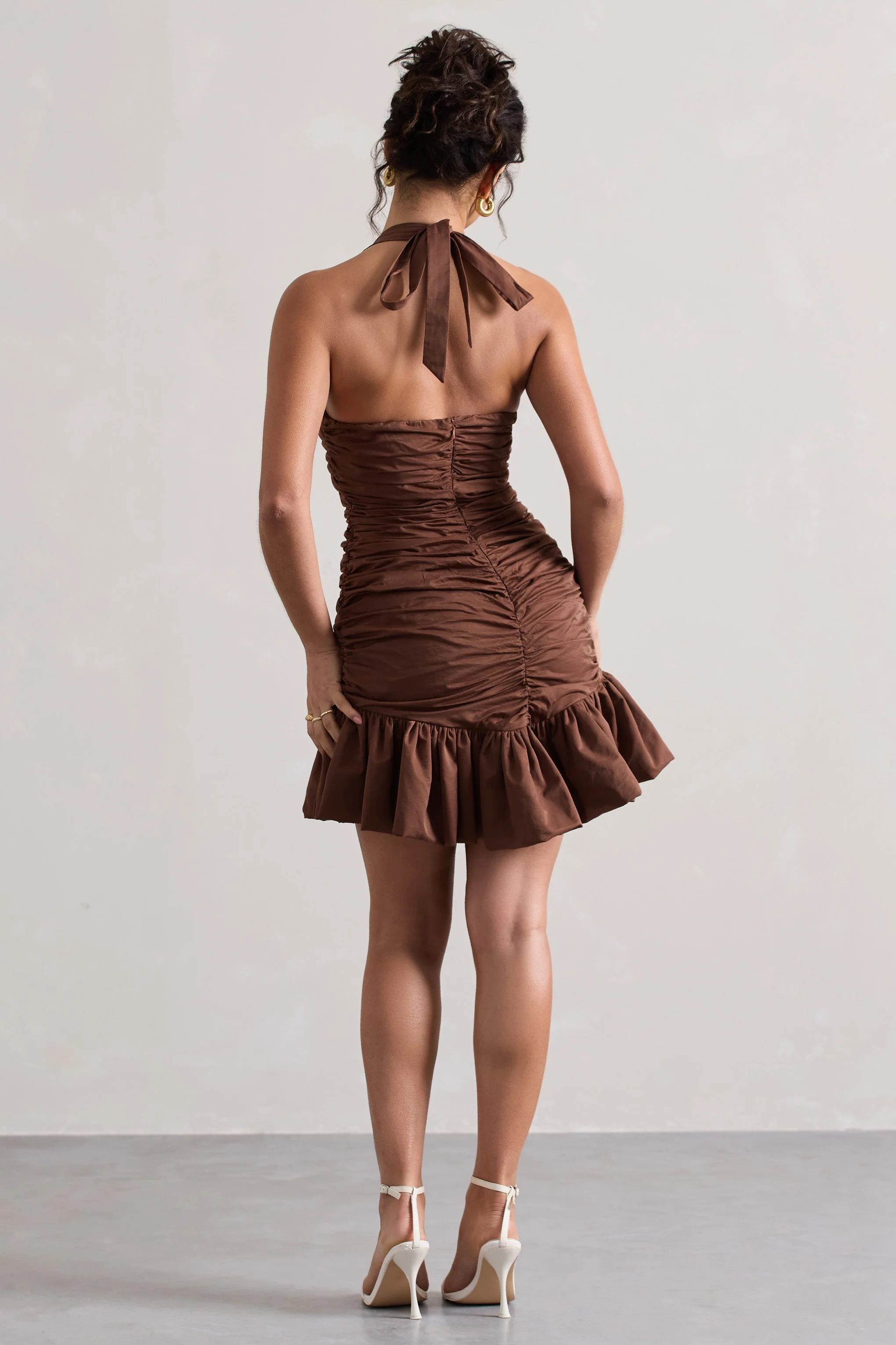 Zahra | Chocolate Brown Halter-Neck Ruched Mini Dress With Ruffle Hem - Image 2