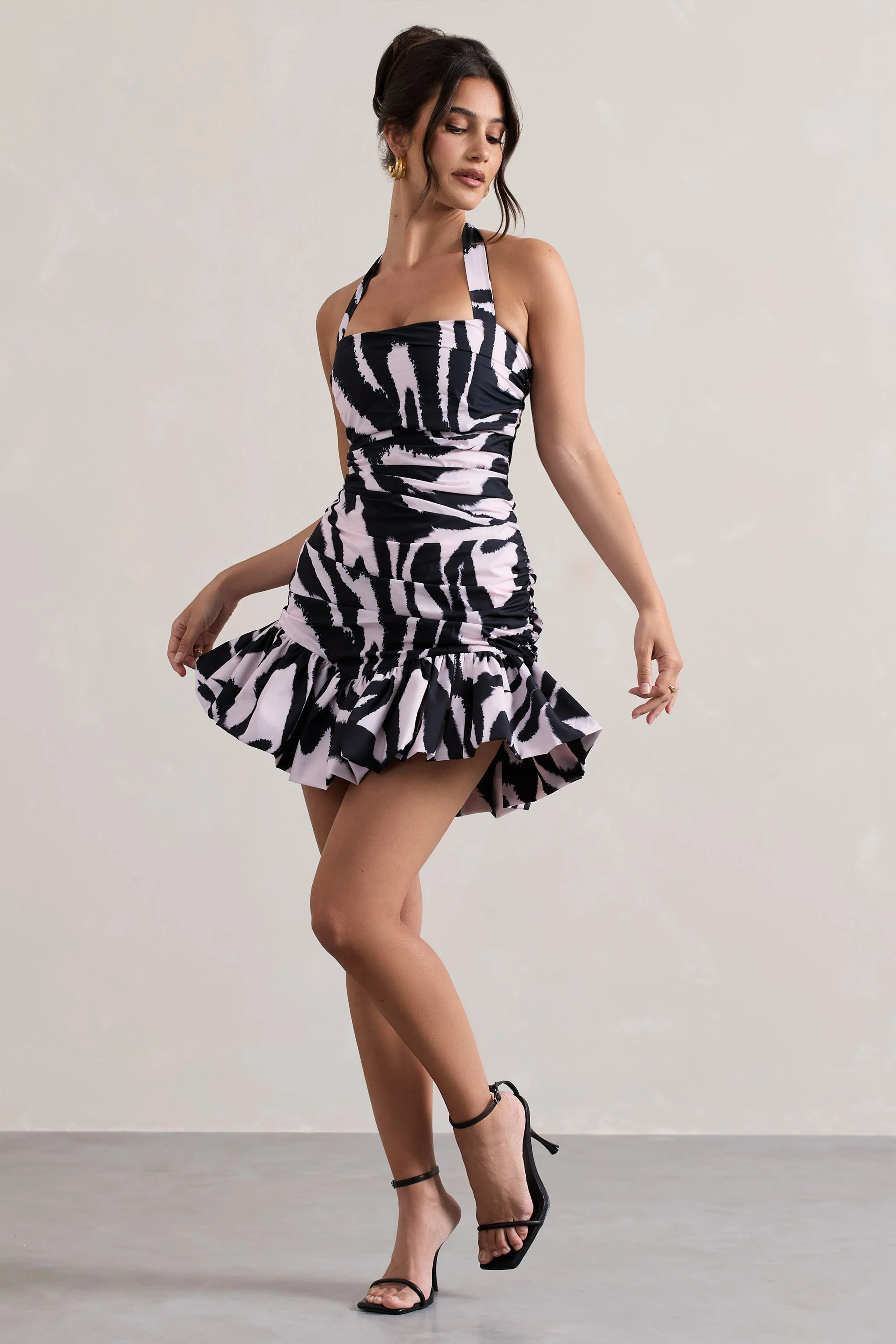 Zahra | Zebra Print Halter-Neck Ruched Mini Dress With Ruffle Hem - Image 4