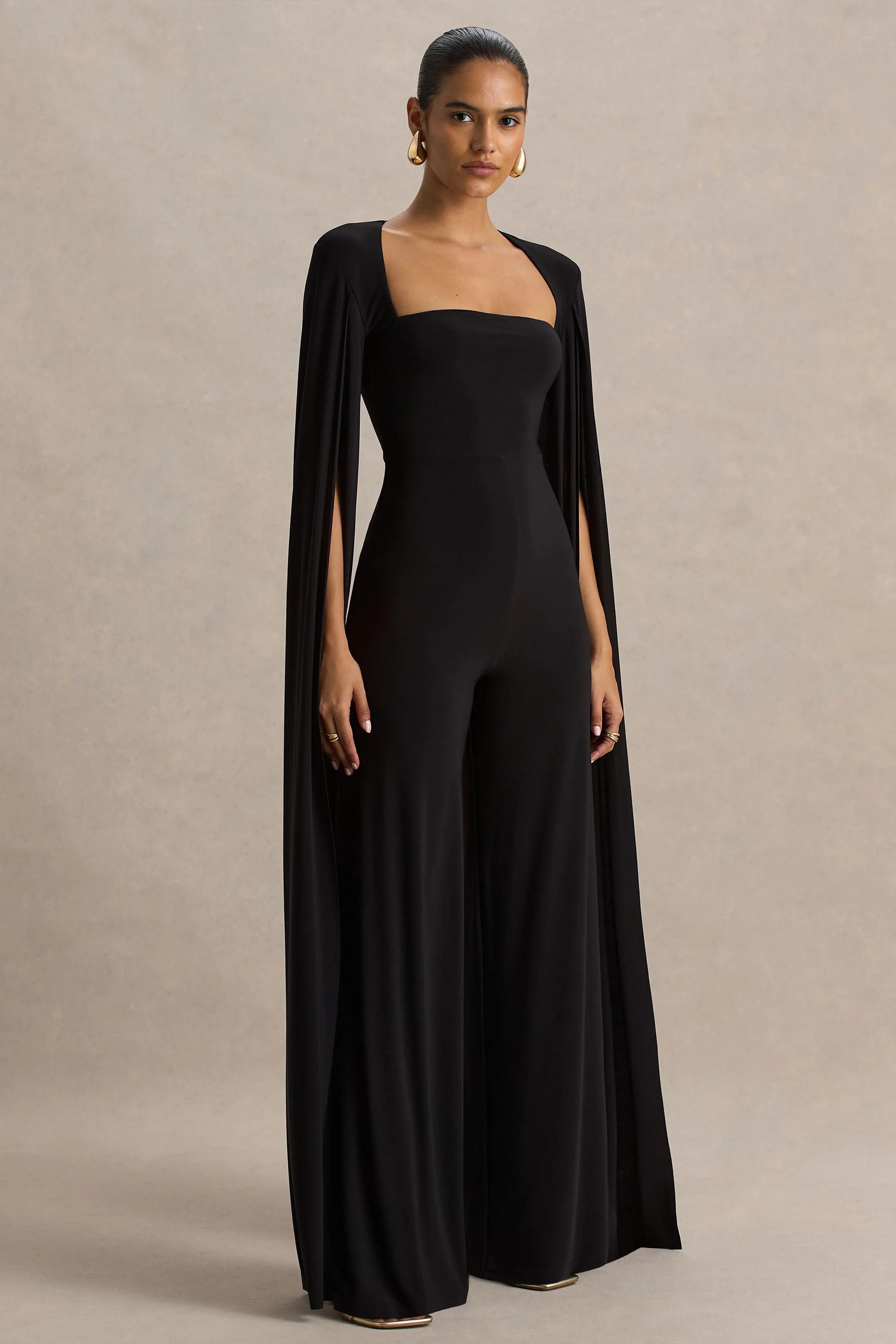 Zara | Black Square-Neck Jumpsuit With Cape Sleeves - Image 5