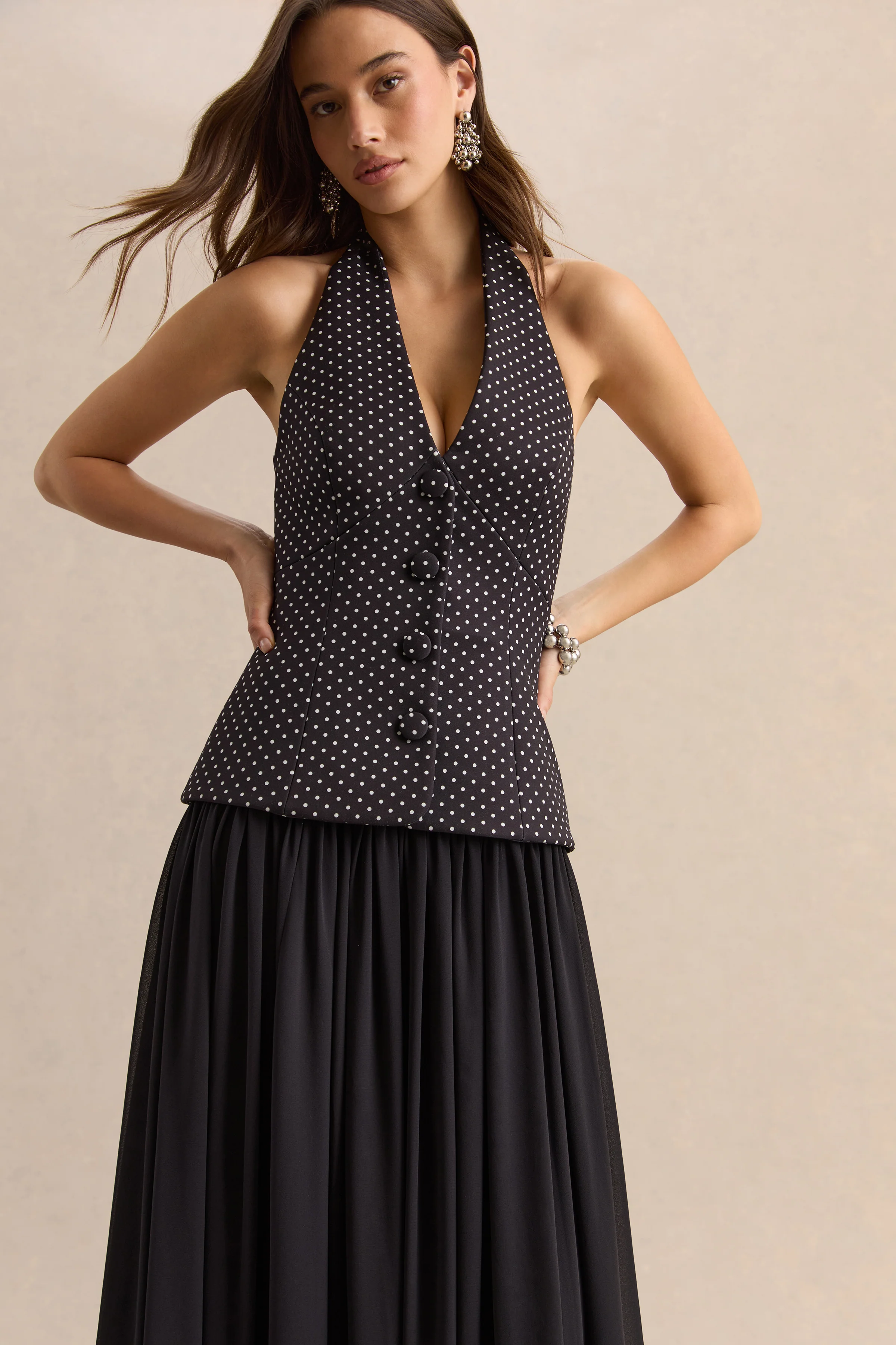 Zarina | Black & White Polka-Dot Plunge-Neck Maxi Dress - Image 3