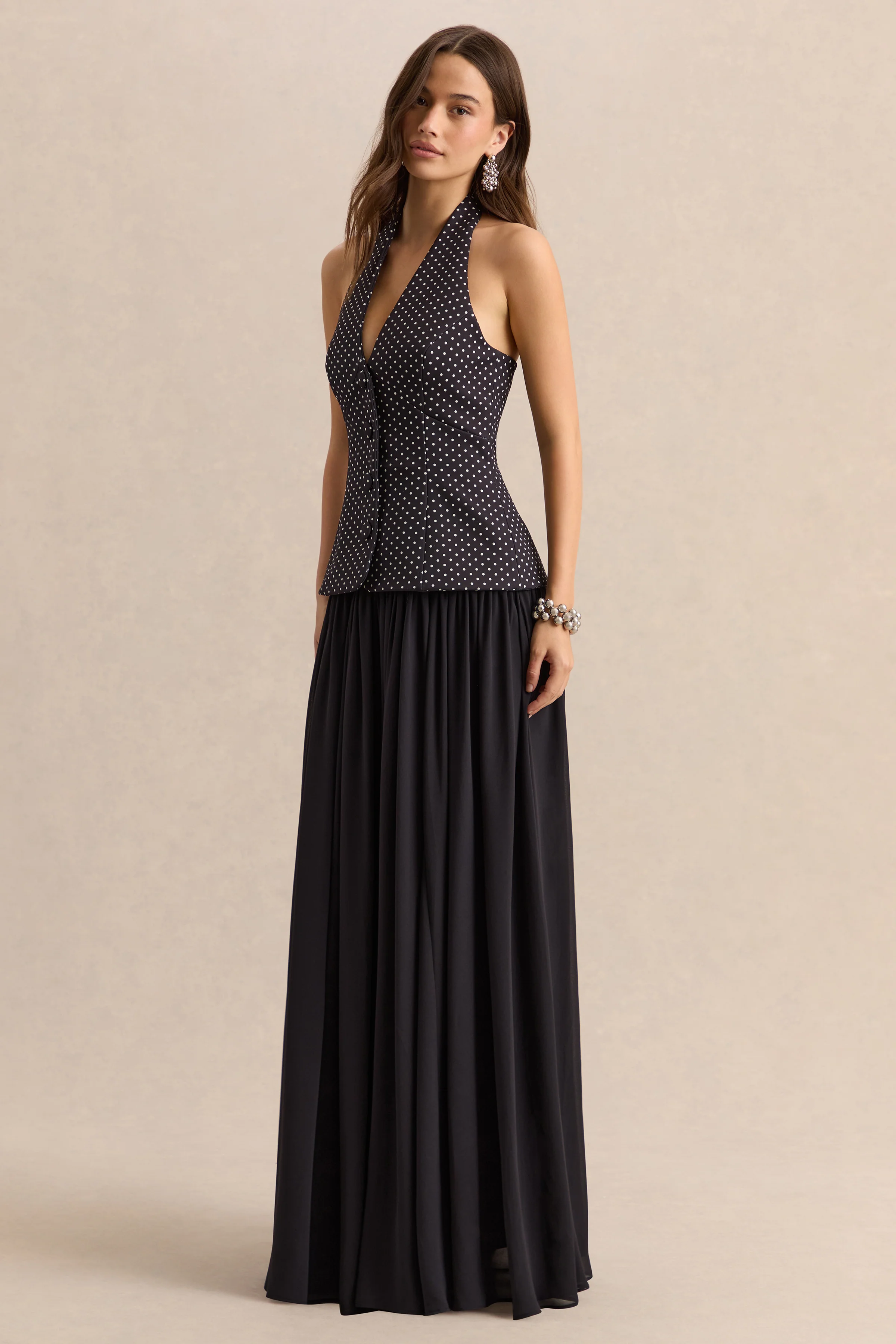 Zarina | Black & White Polka-Dot Plunge-Neck Maxi Dress - Image 4
