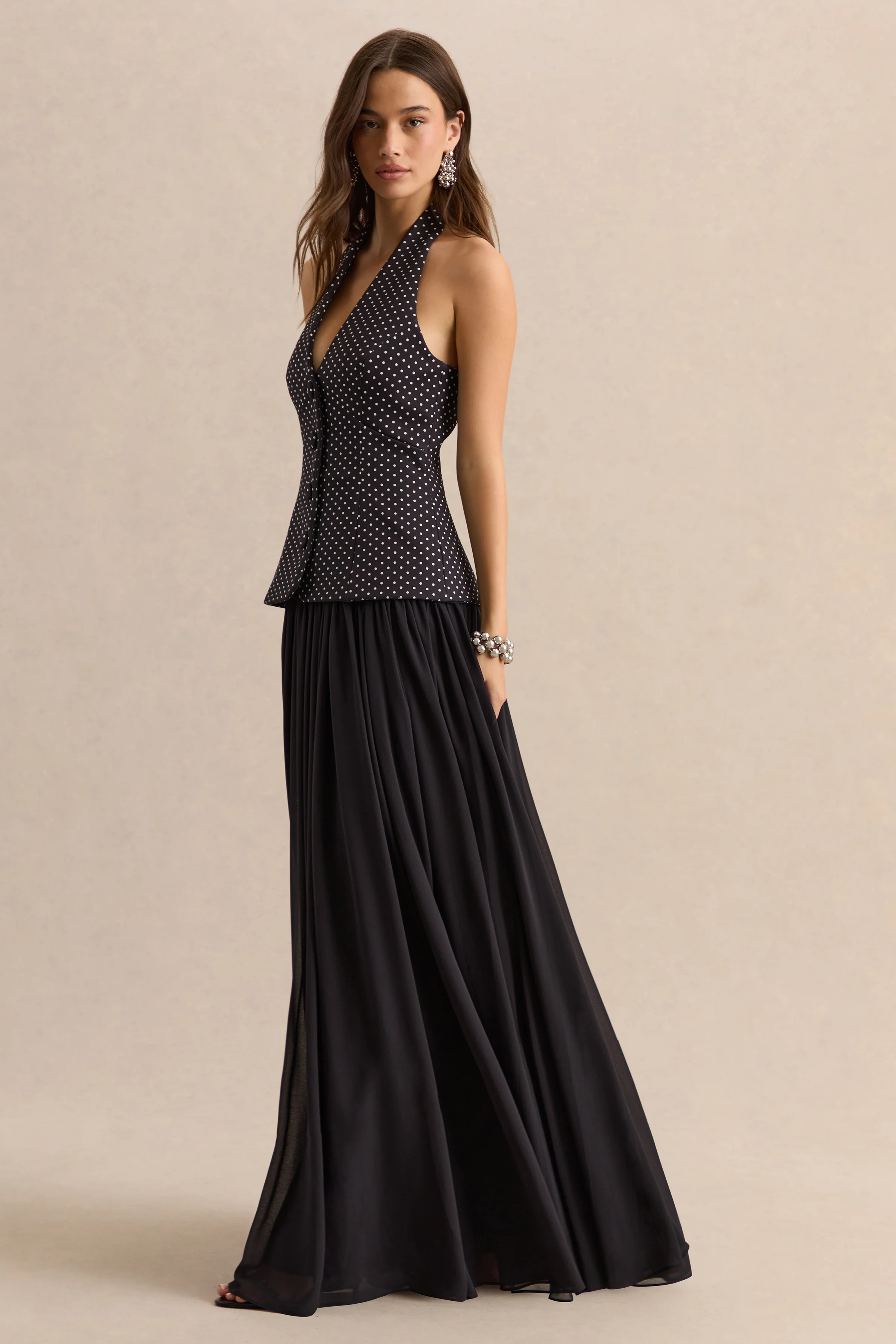 Zarina | Black & White Polka-Dot Plunge-Neck Maxi Dress - Image 5