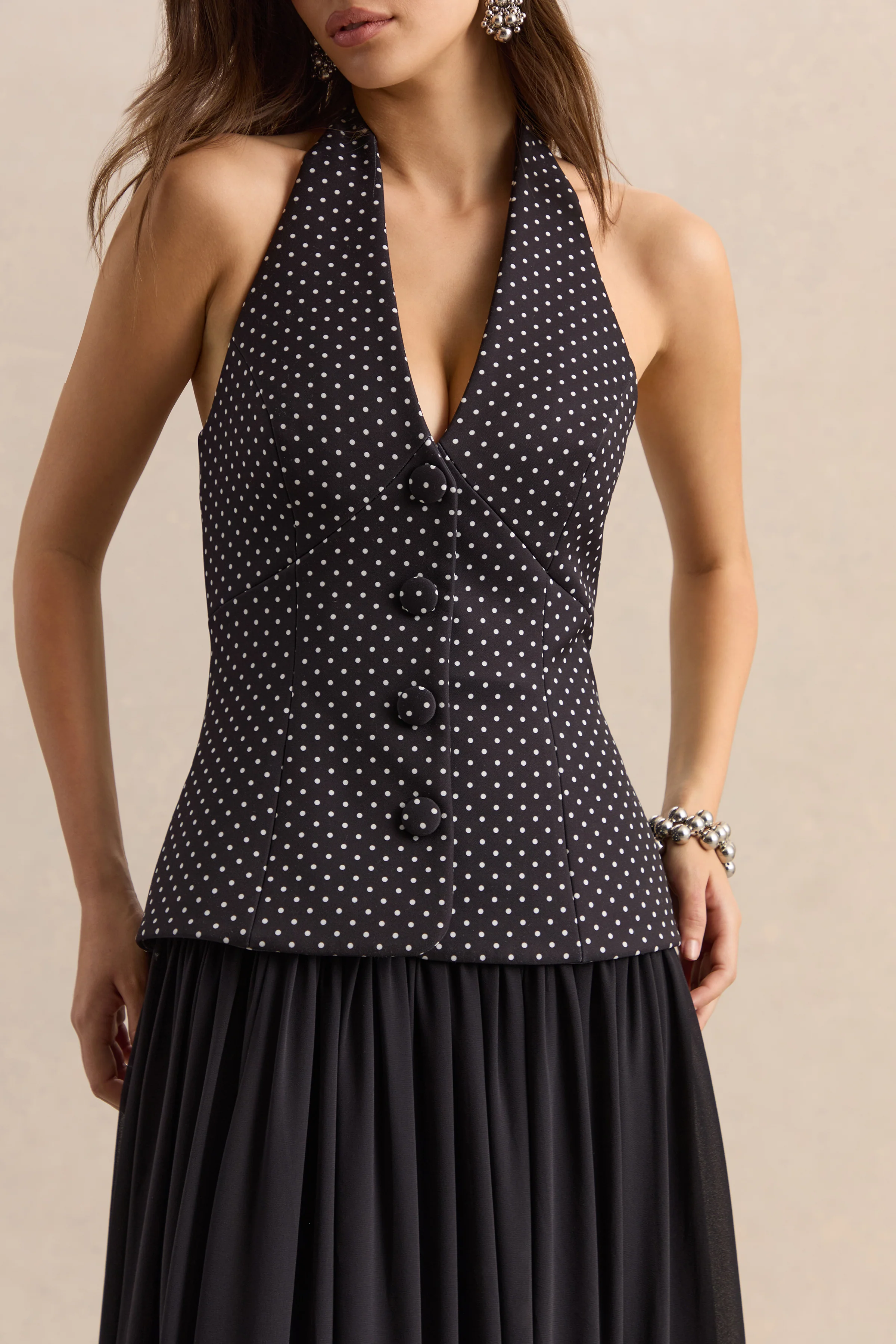 Zarina | Black & White Polka-Dot Plunge-Neck Maxi Dress - Image 6