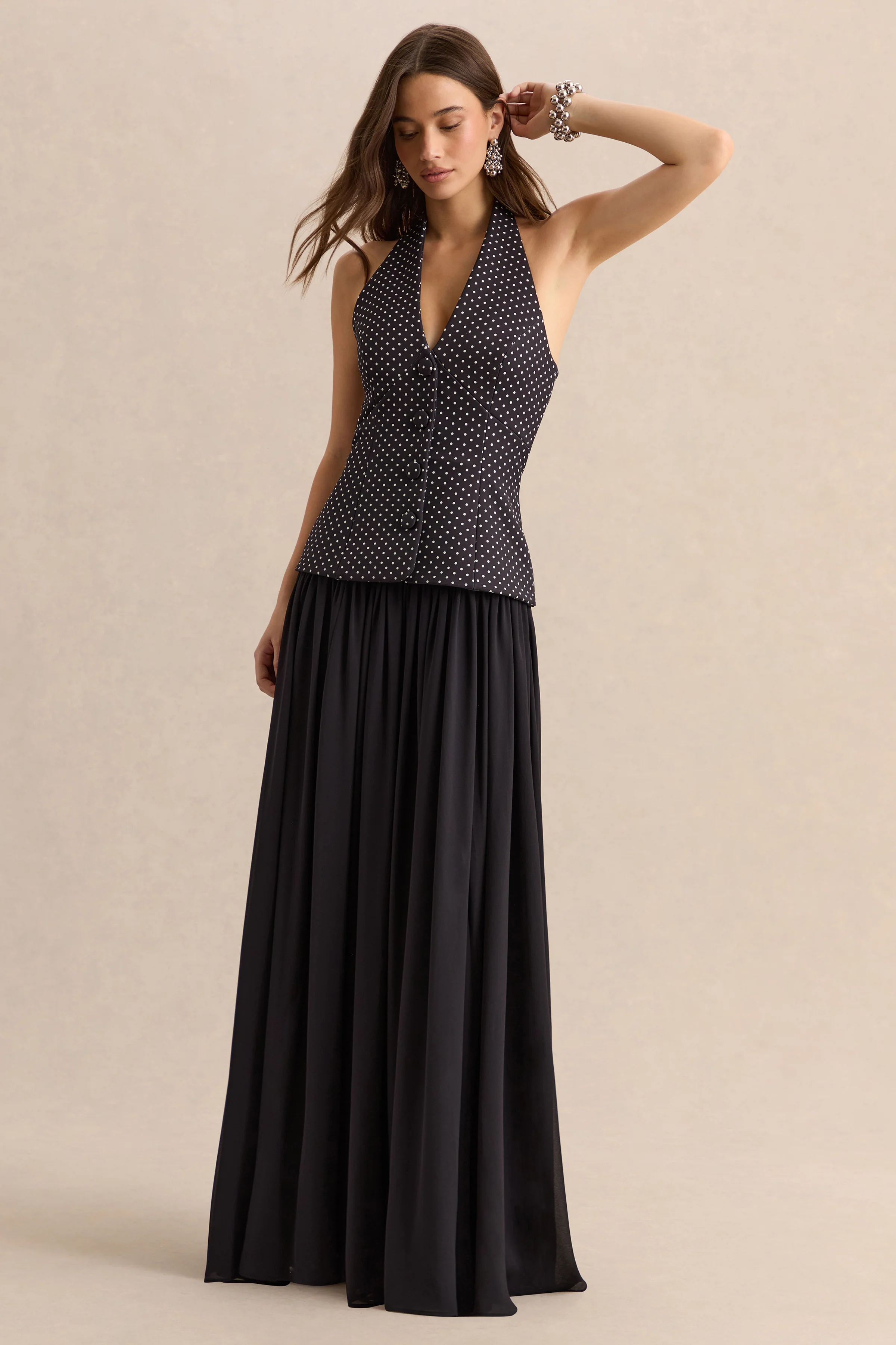 Zarina | Black & White Polka-Dot Plunge-Neck Maxi Dress - Image 7