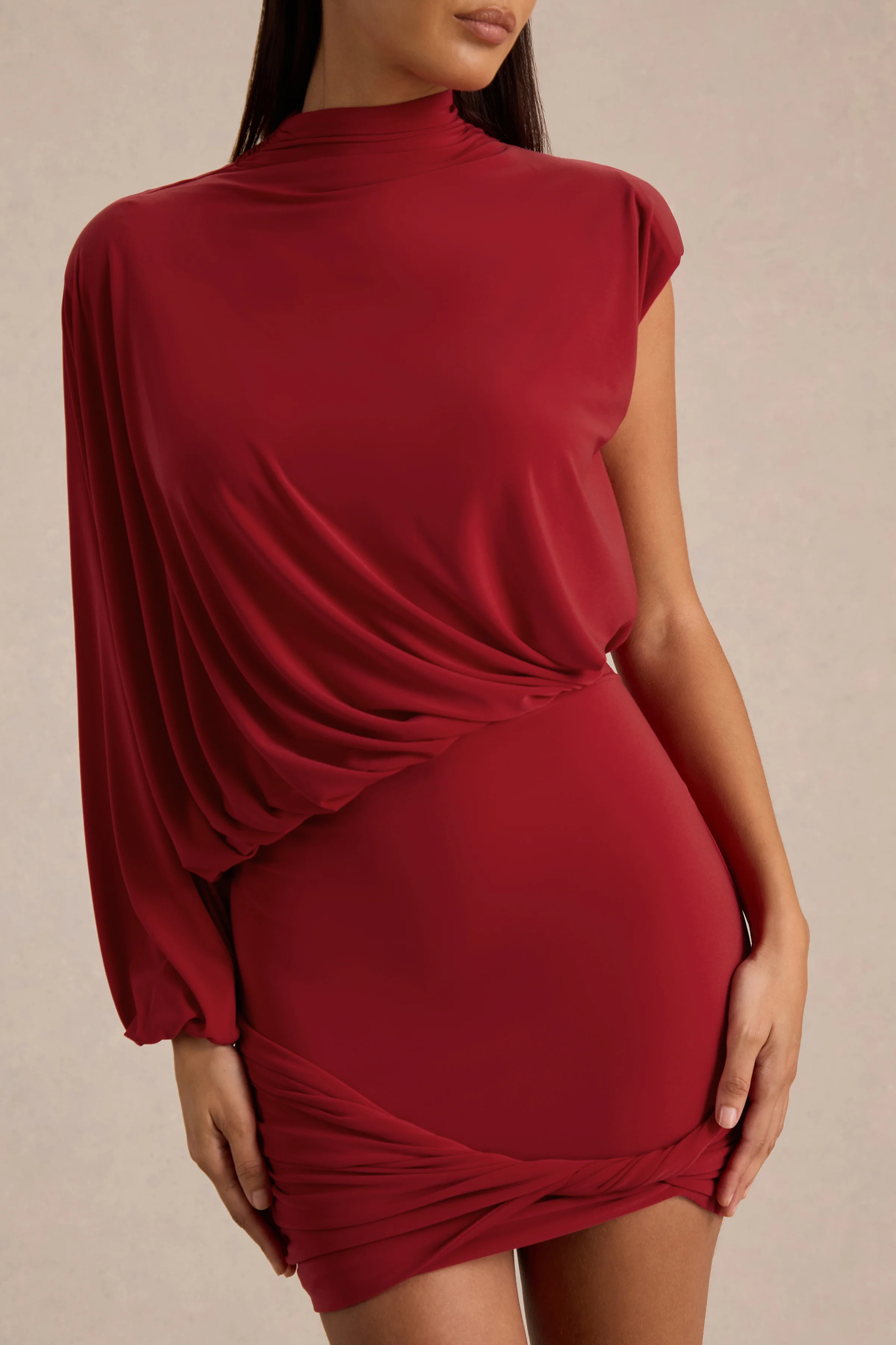 Zelda | Red High-Neck Mini Dress With One-Long Sleeve And Twisted Detail - Image 3