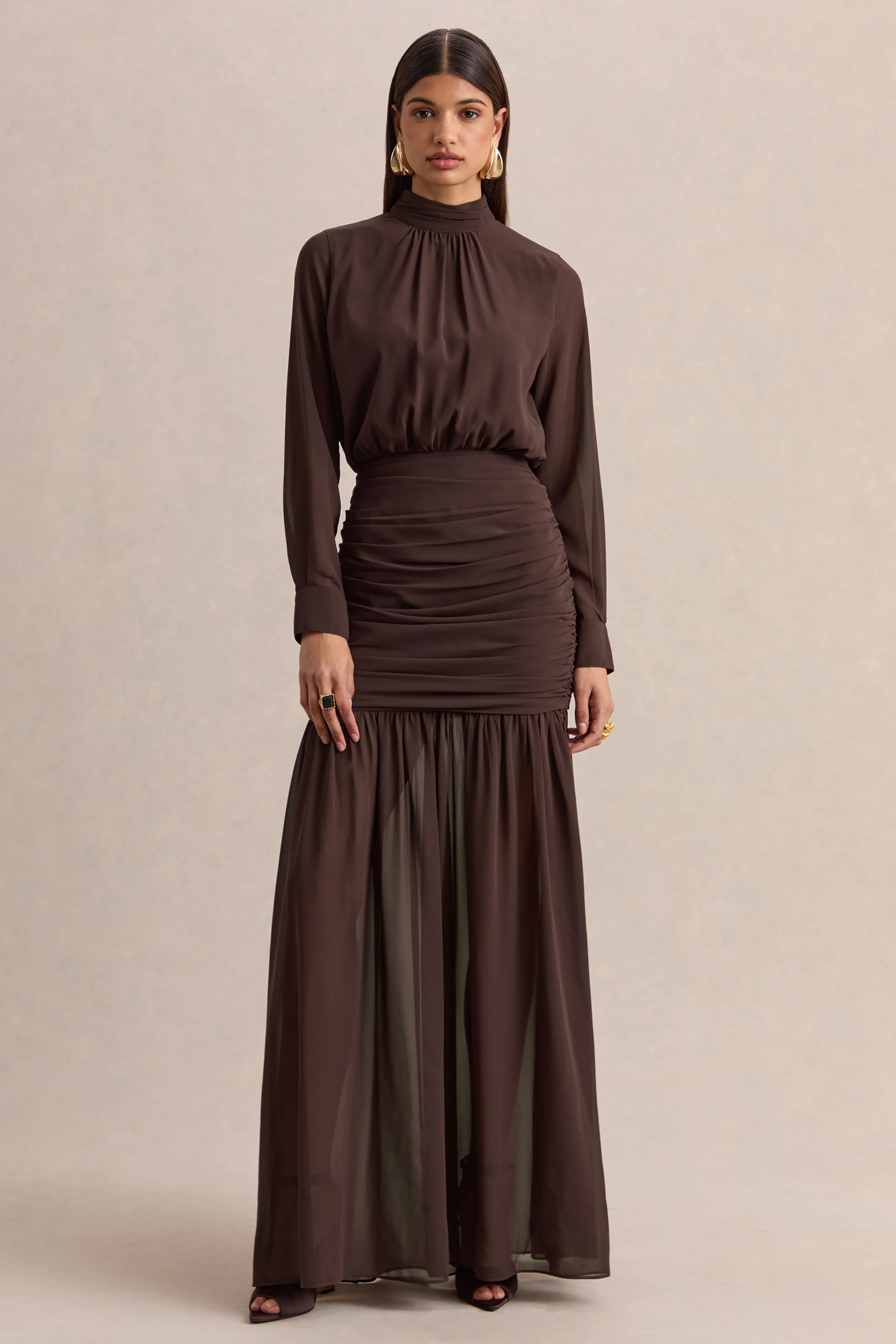 Zella | Brown High-Neck Maxi Dress With Sheer-Skirt