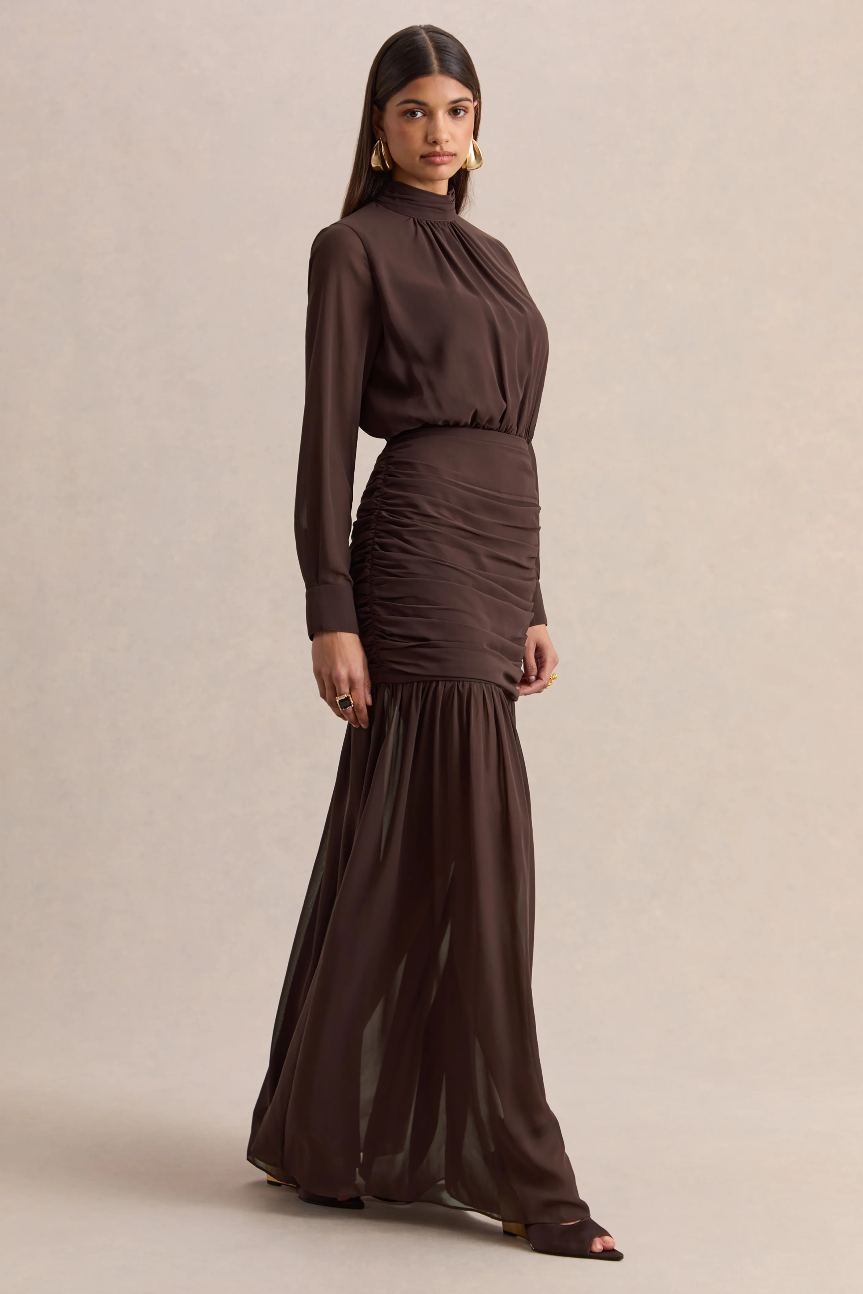 Zella | Brown High-Neck Maxi Dress With Sheer-Skirt - Image 5