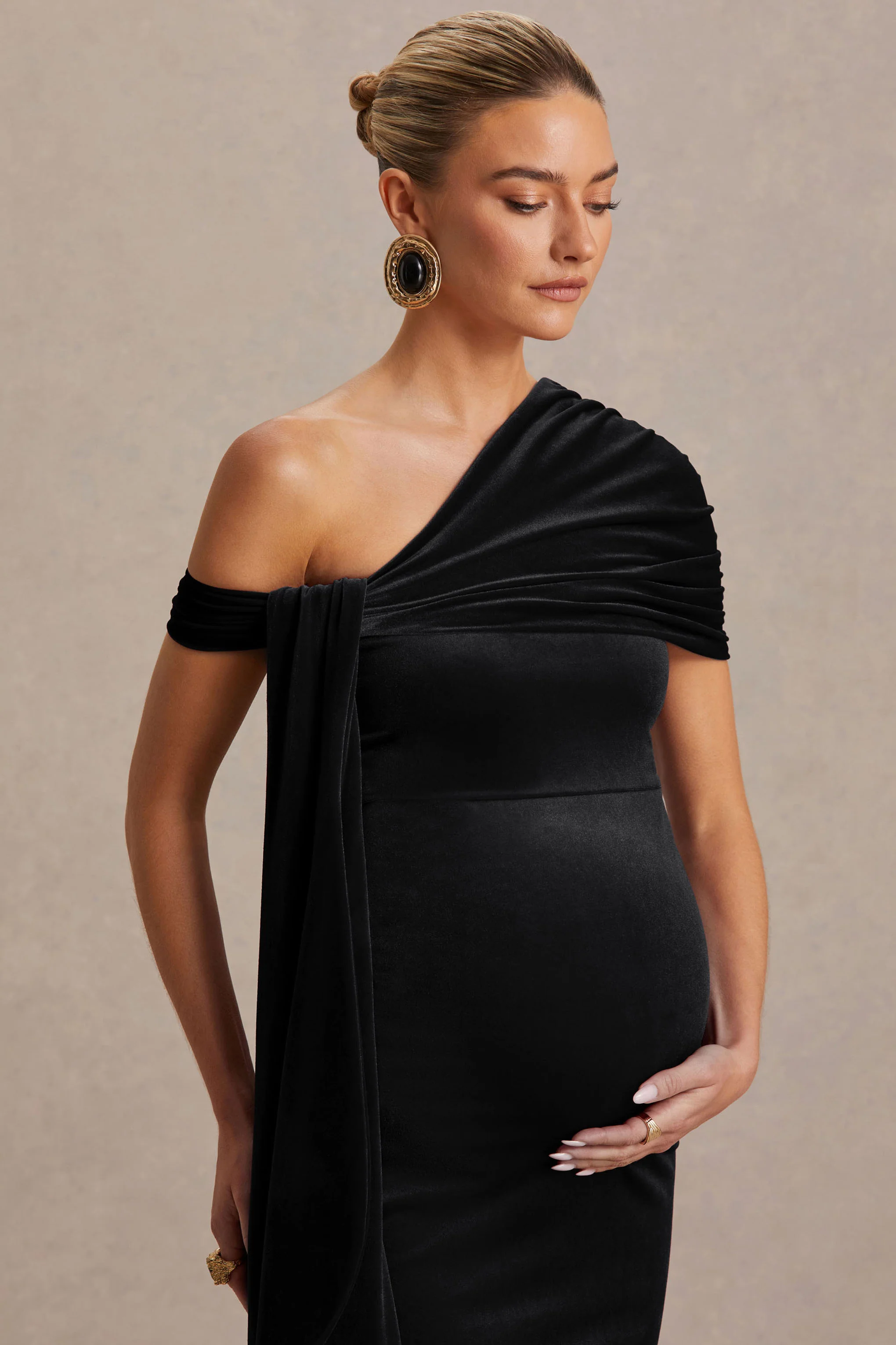 Zena | Black Velvet Asymmetric-Neck Maternity Midi Dress With Knot And Sash Detail - Image 6