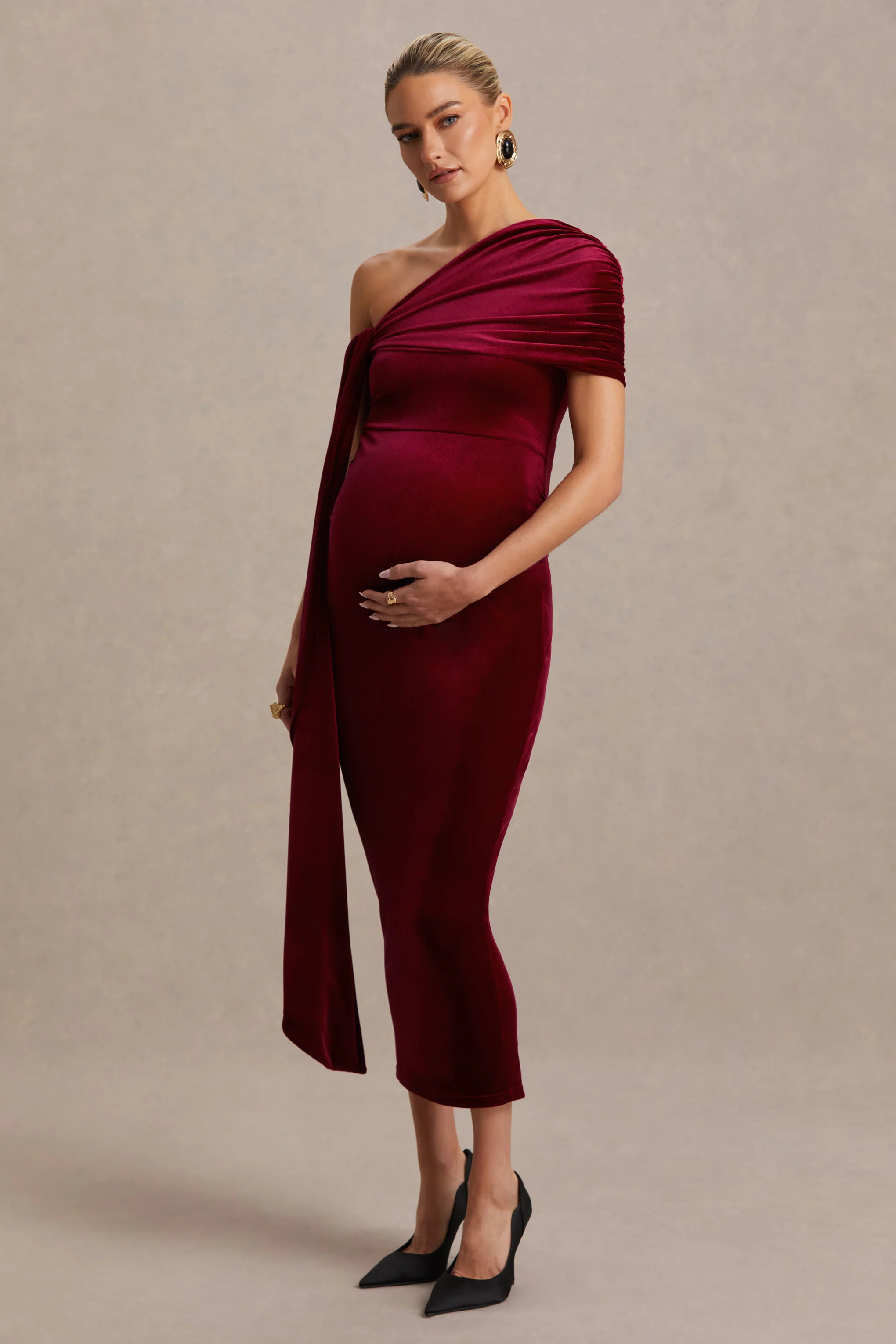 Zena | Burgundy Velvet Asymmetric-Neck Maternity Midi Dress With Knot And Sash Detail - Image 5