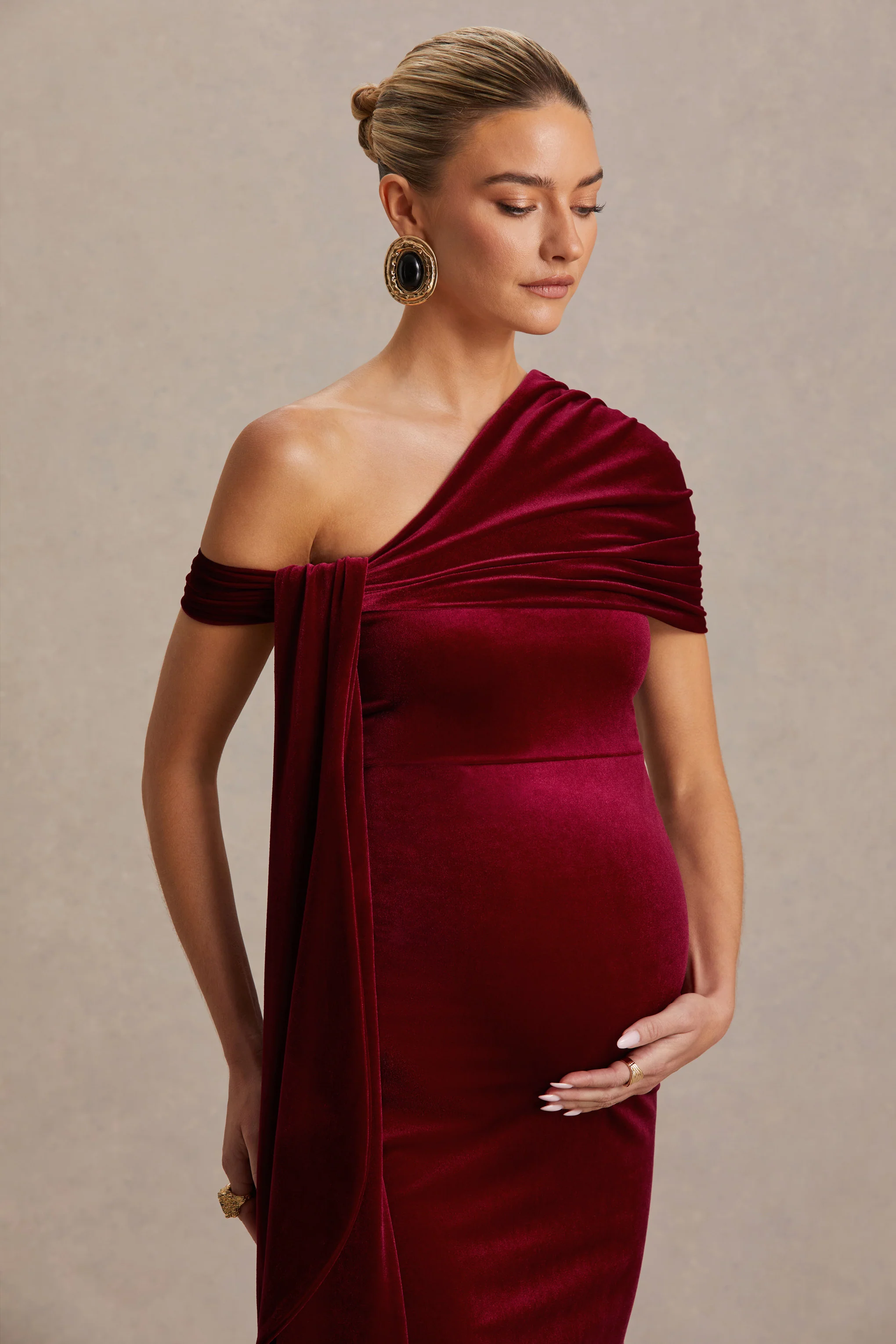 Zena | Burgundy Velvet Asymmetric-Neck Maternity Midi Dress With Knot And Sash Detail - Image 6