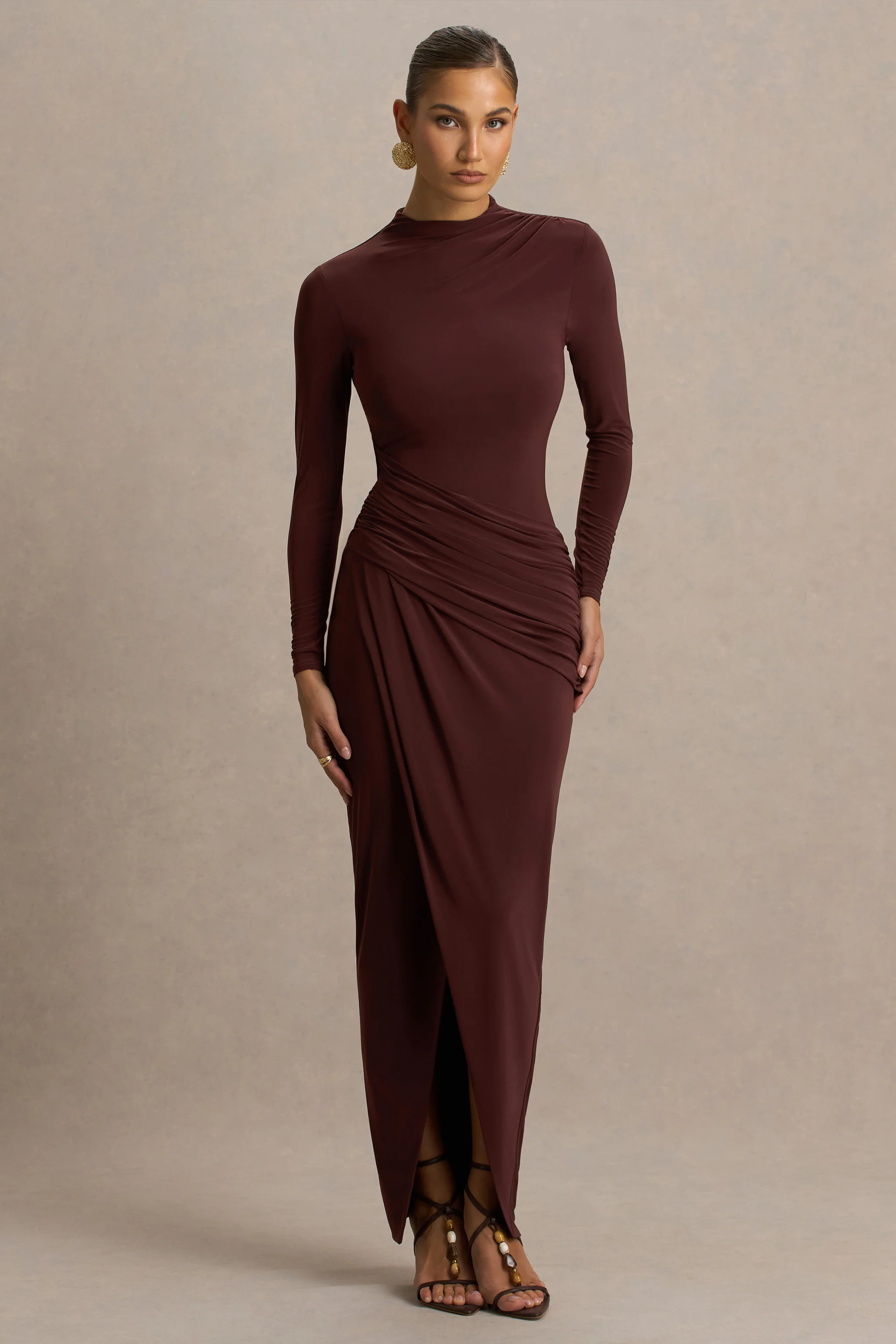 Zephyra | Brown High-Neck Wrapped Maxi Dress - Image 4