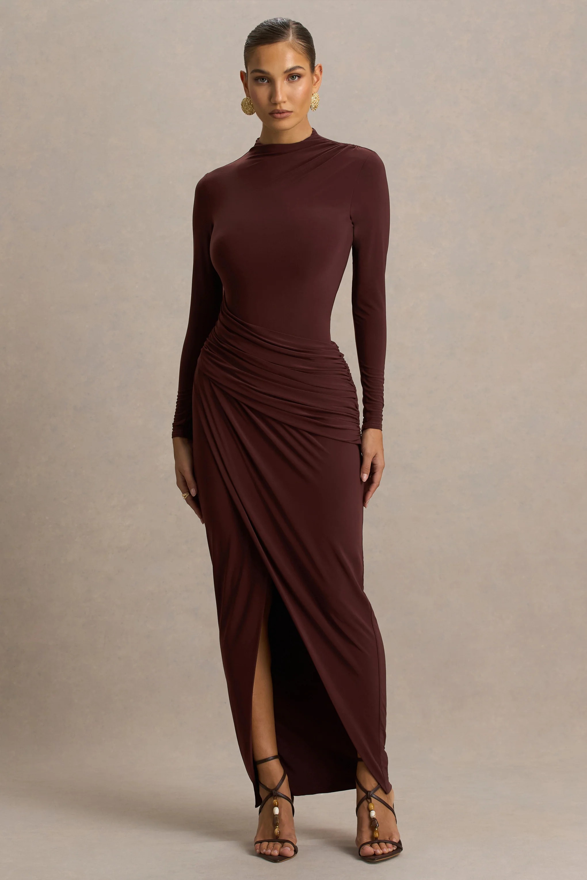 Zephyra | Brown High-Neck Wrapped Maxi Dress - Image 5