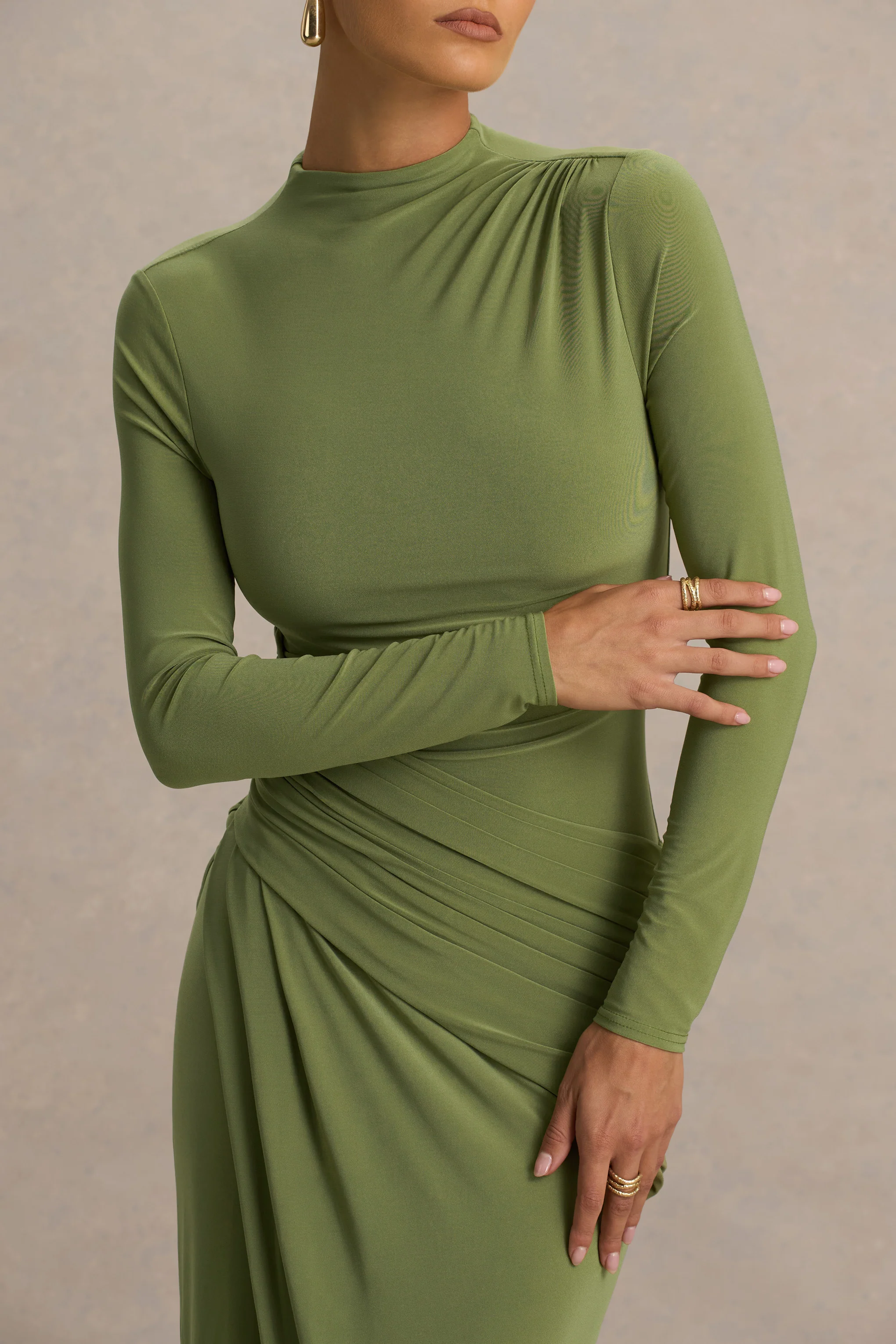 Zephyra | Olive High-Neck Wrapped Maxi Dress - Image 3